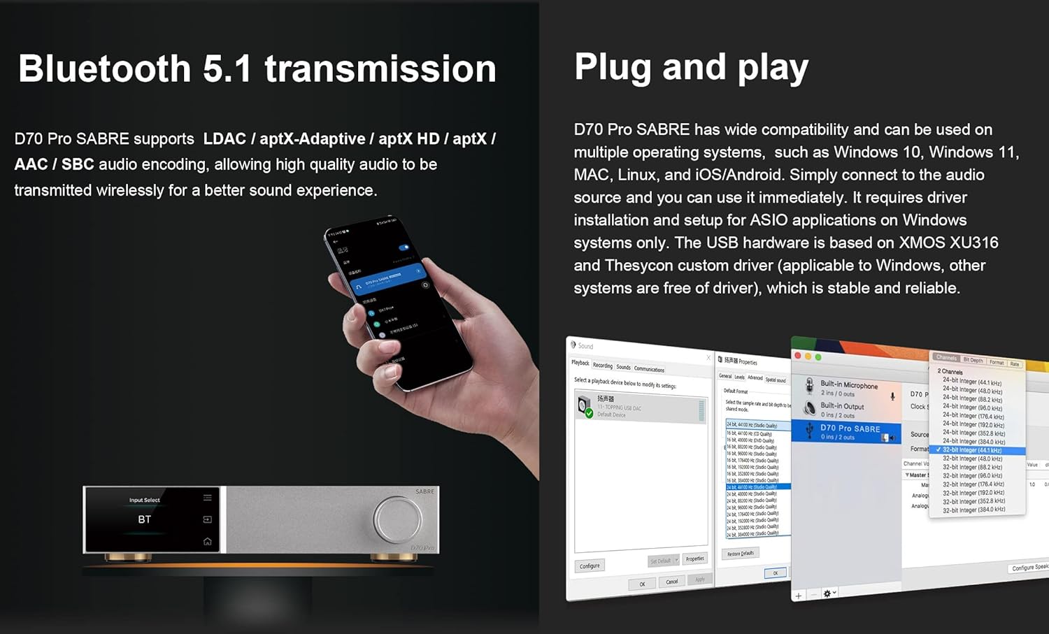 Topping D70PRO Sabre DAC ES9039SPRO XU316 Bluetooth 5.1 LDAC Aurora UI Colour Display RCA & XLR Output HiFi Decoder with Remote Control(Black)