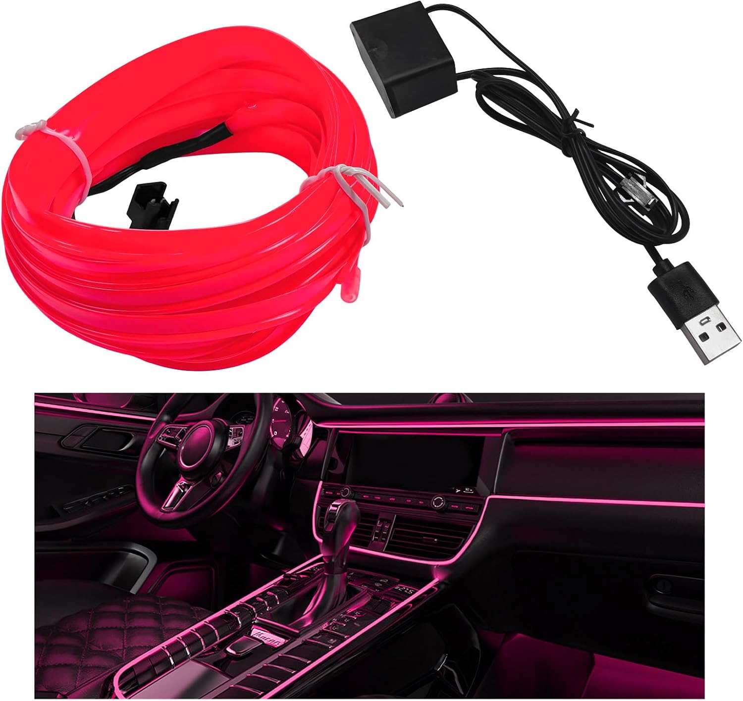 EL Wire Interior Car LED Strip Lights, 16.5FT 5V EL Wire Strip Neon Glowing Strobing Light w/ 5mm Sewing Edge, USB Electroluminescent Ambient Lighting Kit for Car Inside Decoration (Purple)