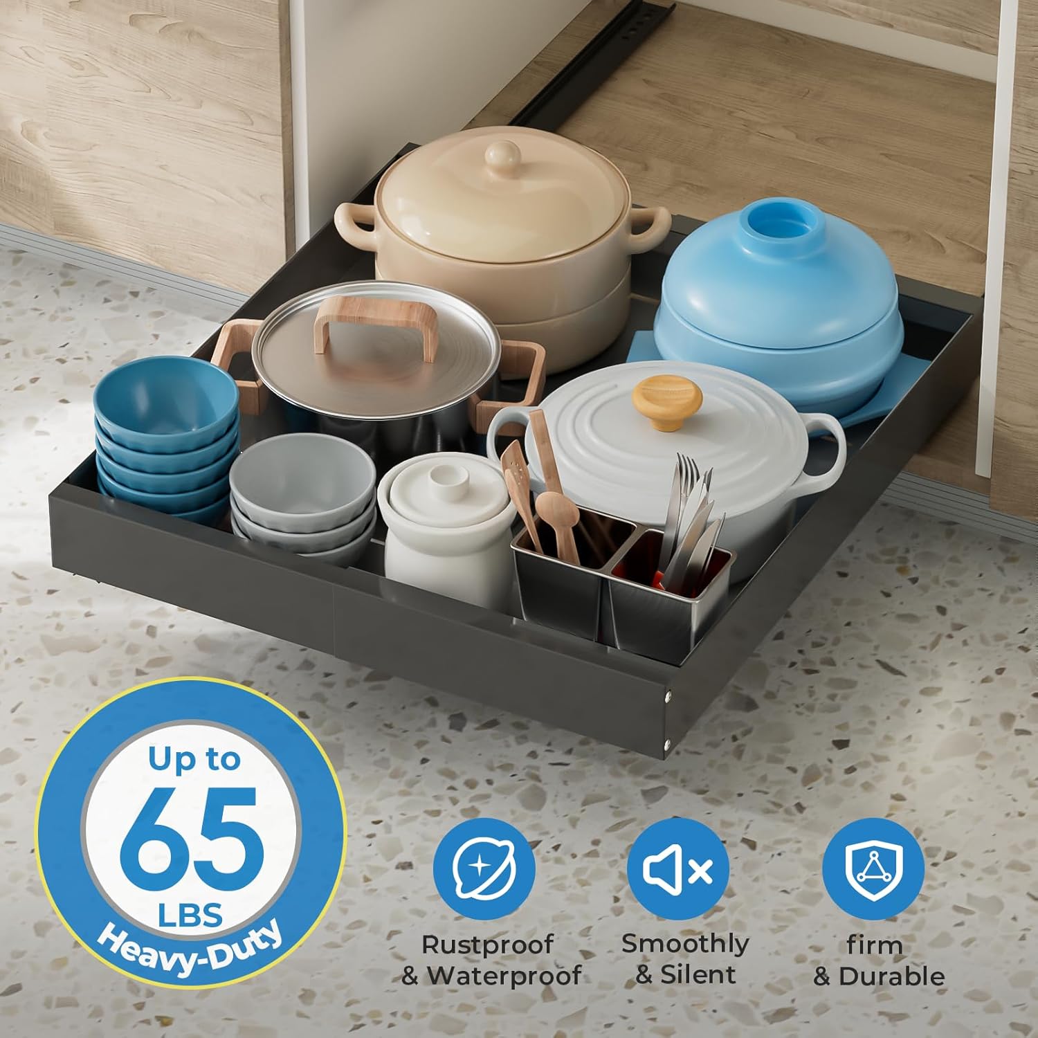 Pull out Cabinet Organizer-21"Deep (12.2"-20.5")Width Adjustable Expansion Heavy Duty Sliding Cabinet Shelves- Slide Out Drawers for Kitchen Cabinets - Maximize Space for Kitchen Essentials(Black)