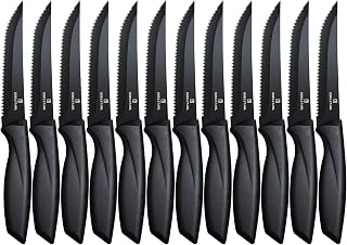 Steak Knives Set of 12,Premium Steak Knives,Black Serrated Steak Knife,Stainless Steel Steak Knife Sets,Durable Steak Knifes,Ergonomic Black Steak Knifes,Dishwasher Safe