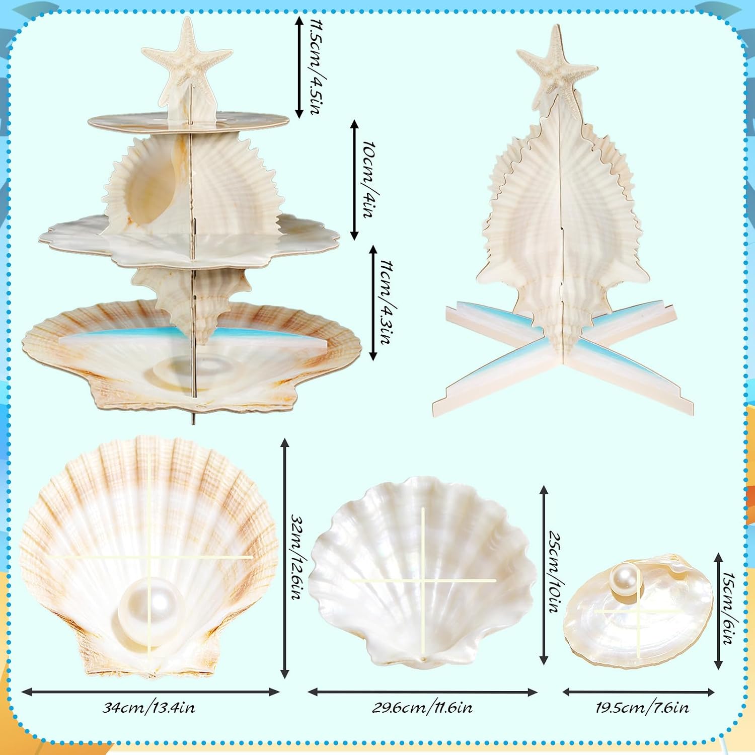 3 Tier Cardboard Cupcake Stand - Coastal Beach Party Decor with Seashell & Starfish Design, Ocean Decorations for Coastal Birthday, Beach Wedding, Seashell Bachelorette & Baby Shower