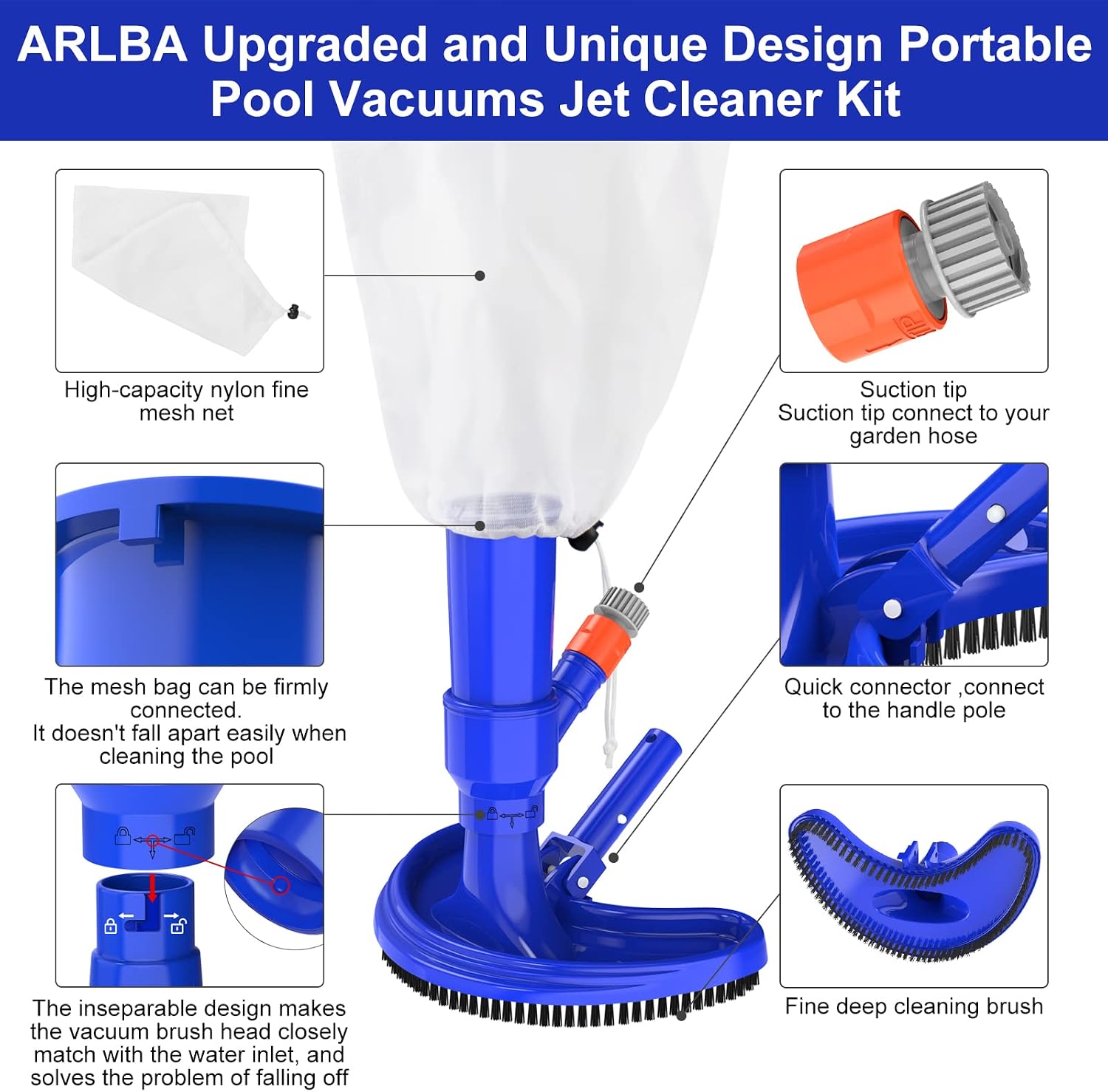 2023 Upgraded Small Pool Vacuum for Above Ground Pool W/Unique Lock Catch,Portable Swimming Pool Vacuum Head Pool Leaf Cleaner kit with Brushes &Leaf Bag for Spa Hot Bub,Inflatable Pools & Fountains