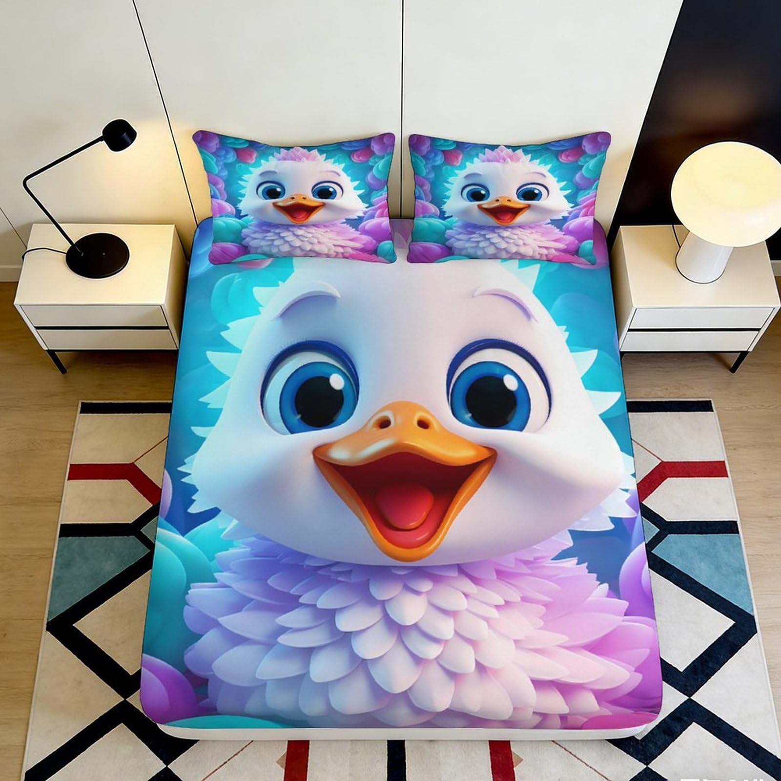Pnayamiorkfel Style-8 3D Printed Cute White Cartoon Duck Fitted Sheet Microfiber Soft Anti-Slip Bed Cover For Bedroom Guest Room Decor 90X200x25cm