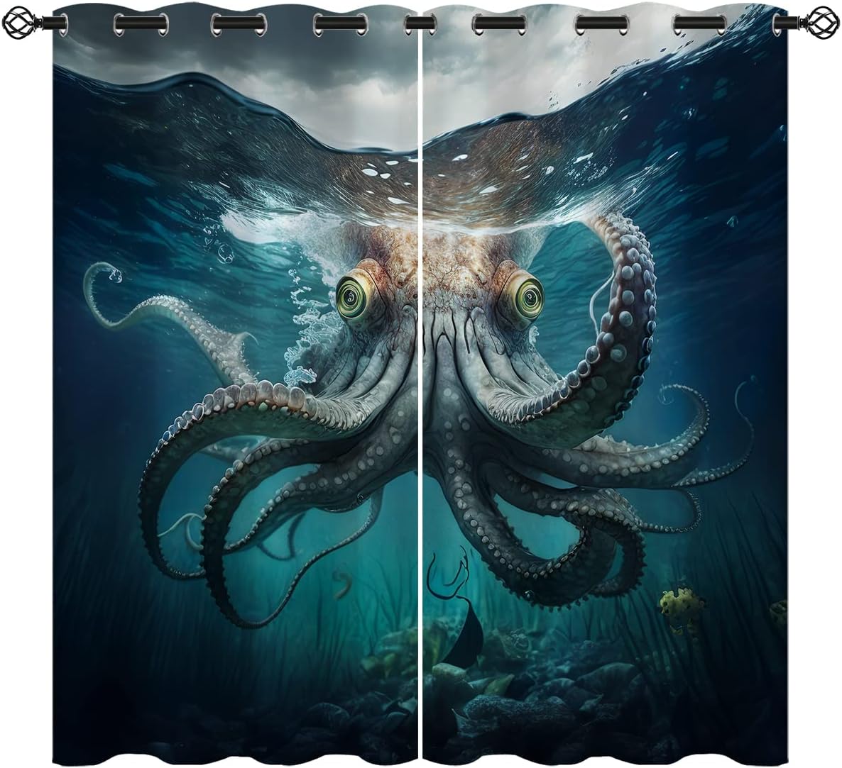 Octopus Blackout Curtains for Girls Boy Home Decor, Ocean Waves Kraken Tentacles Animal Grommet Thermal Insulated Drapes Darkening Window Curtain for Bedroom Living Room, 42 x 45 Inch