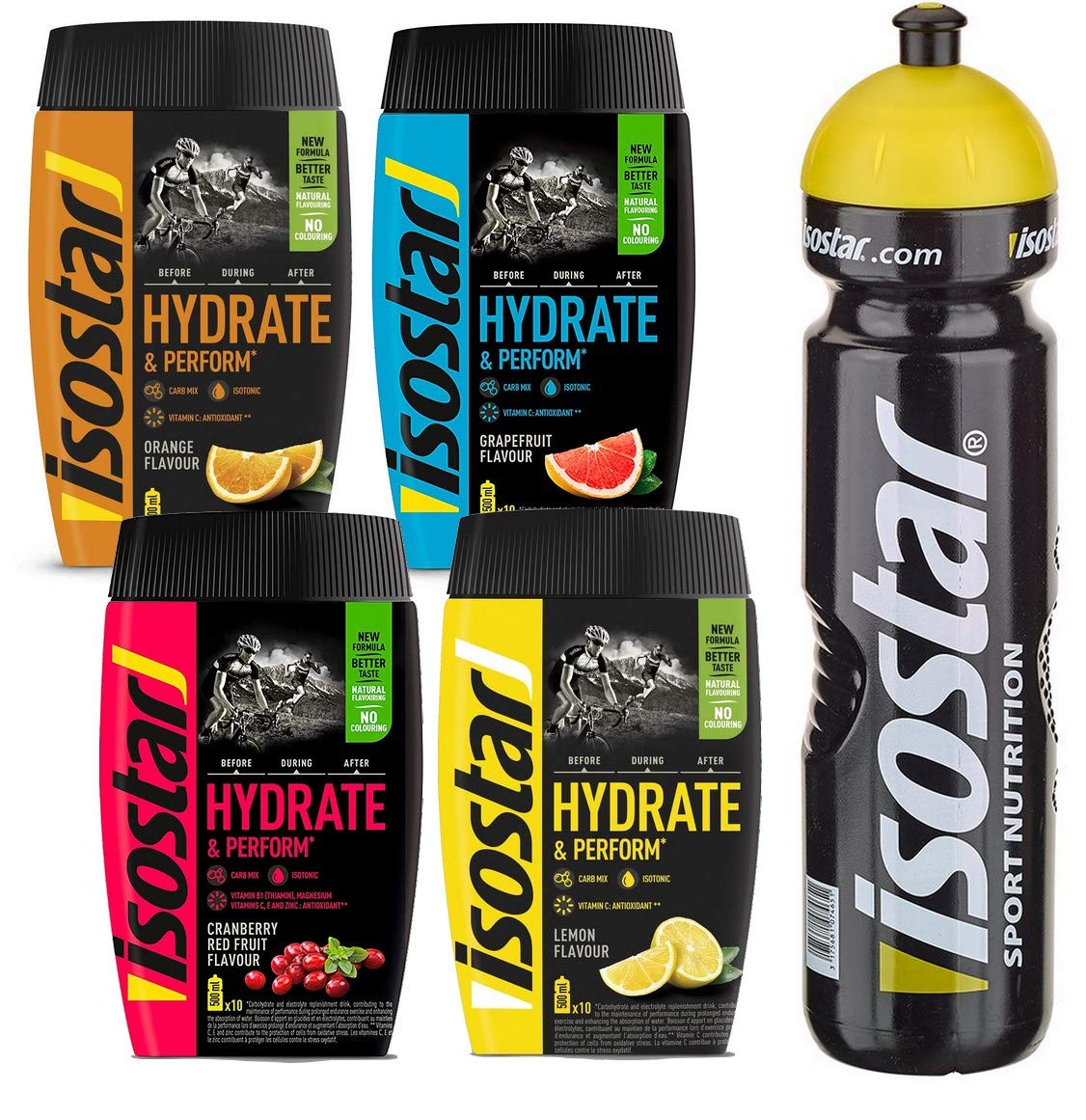 Isostar Hydrate & Perform Iso Drink - Electrolyte Powder - Orange + Lemon + Cranberry + Grapefruit 4 x 400 g + Drinking Bottle 1 L