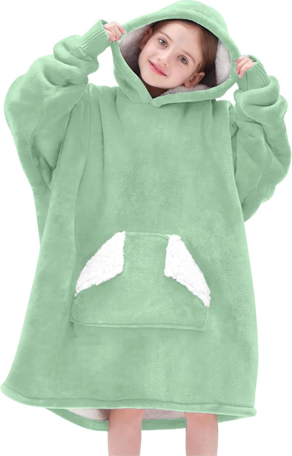 Touchat Wearable Blanket Hoodie, Oversized Sherpa Blanket Sweatshirt with Hood Pocket and Sleeves, Super Soft Warm Plush Hooded Blanket for Kids, One Size Fits All (Light Green)