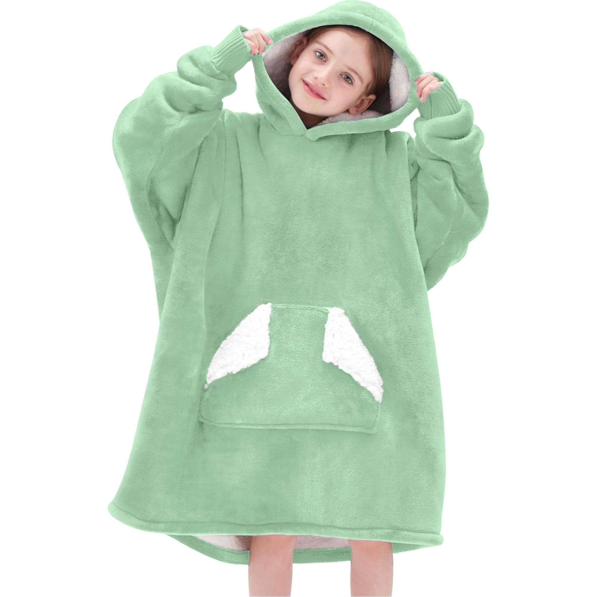 Touchat Wearable Blanket Hoodie, Oversized Sherpa Blanket Sweatshirt with Hood Pocket and Sleeves, Super Soft Warm Plush Hooded Blanket for Kids, One