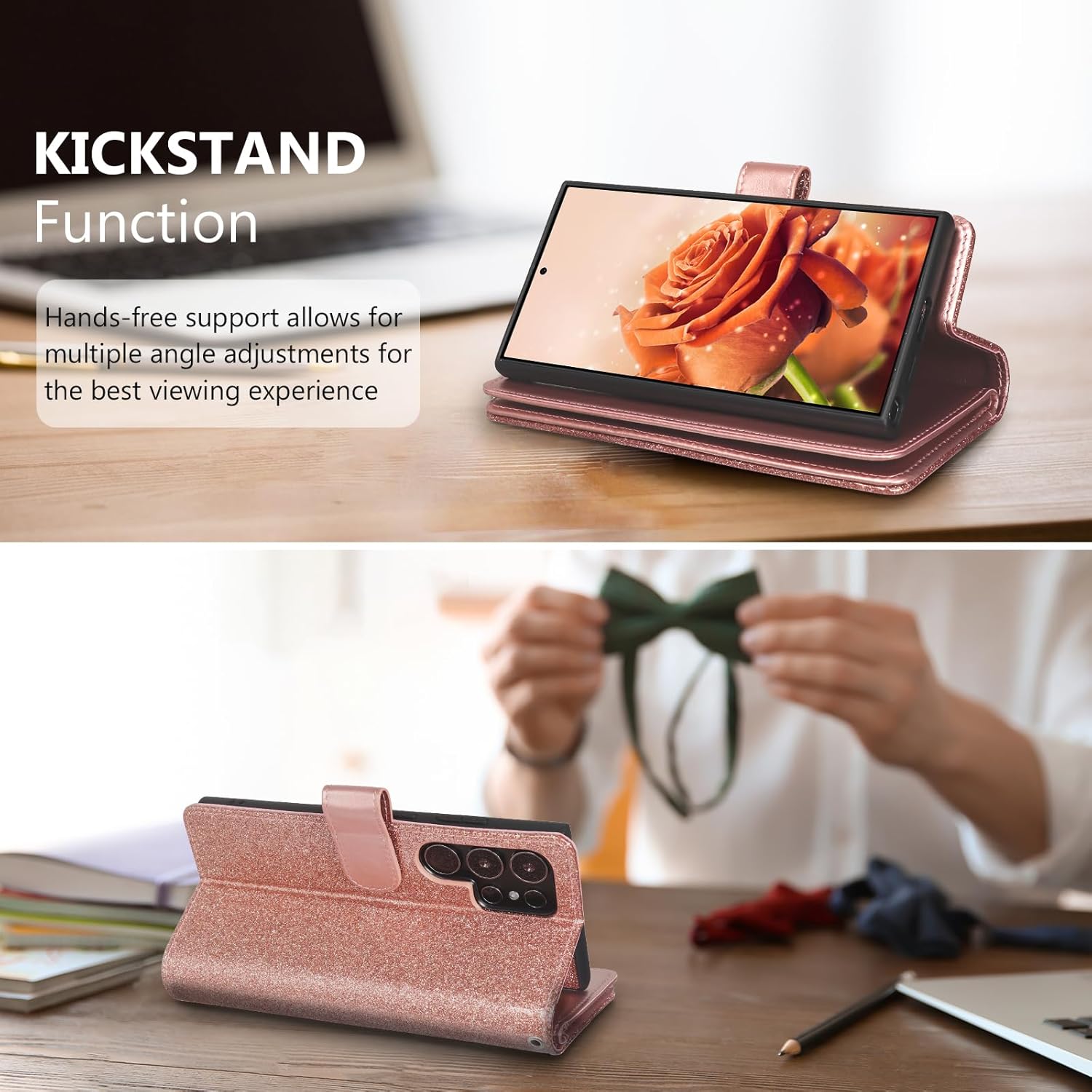 Varikke for Galaxy S25 Ultra Wallet Case Detachable with RFID Blocking Card Holder for Women, Glitter Leather Strap Magnetic Flip Removable Phone Case for Samsung Galaxy S25 Ultra 6.9", Rose Gold - Image 8