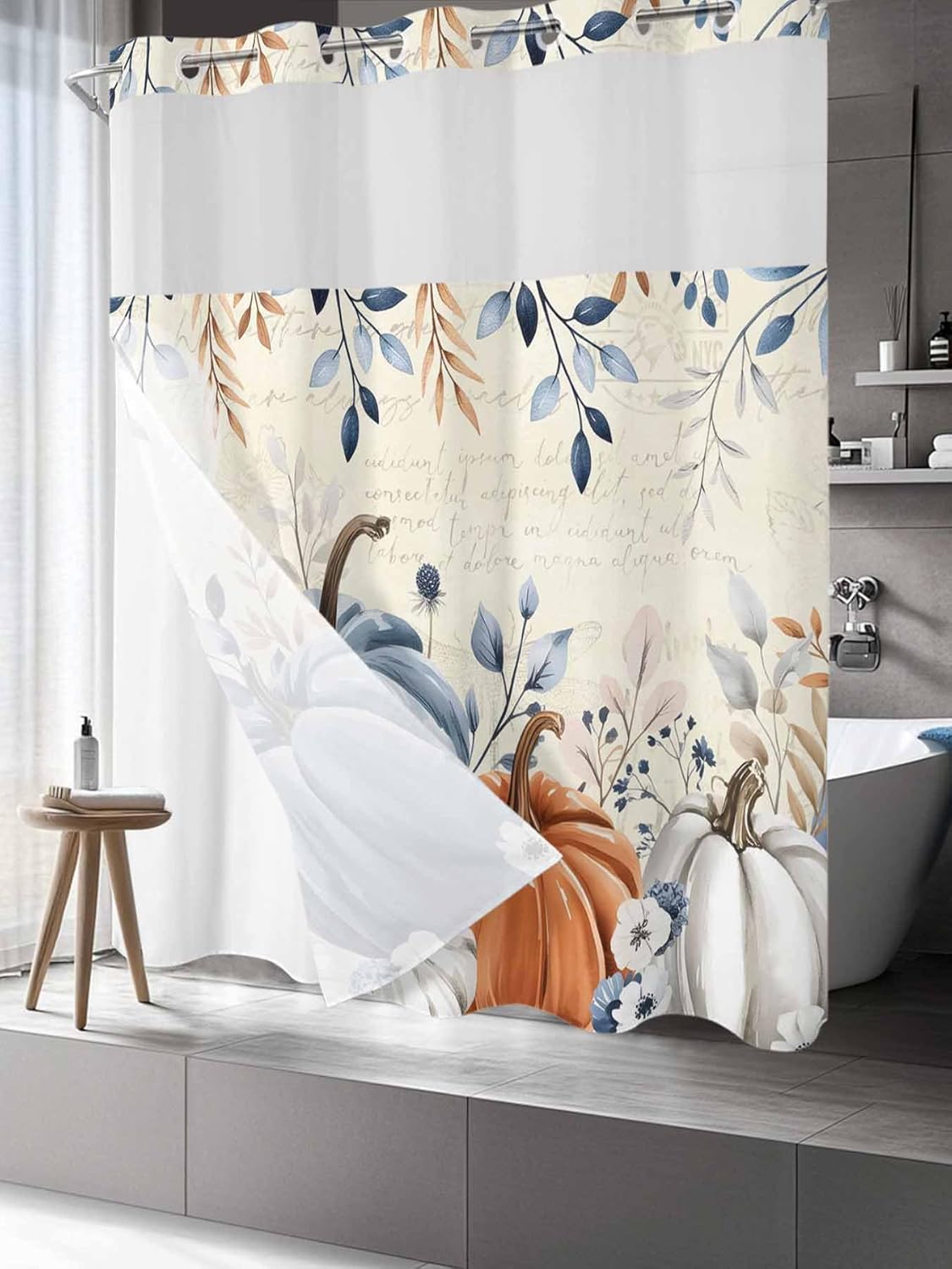 No Hook Shower Curtain, Autumn Pumpkin Standard Shower Curtains with Snap in Liner, Thanksgiving Blue Eucalyptus Leaf Beige Waterproof Washable Fabric Bathroom Curtain Sets, 66" x 72"
