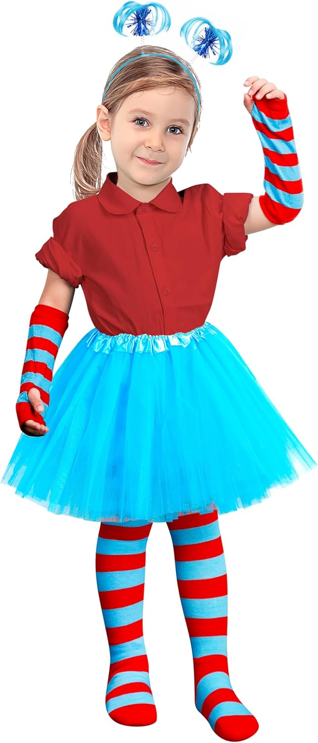 Blue Tutu Cosplay Set, 4PCS Tulle Tutu Skirt Ponytail Headbands Blue Red Striped Gloves High Knee Socks Girl Costume - Image 7
