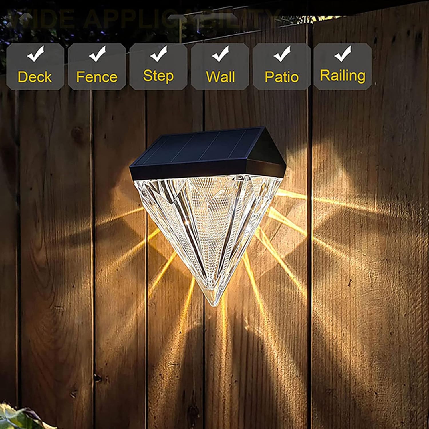 Diamond Solar Garden Lights, Outdoor Waterproof LED Solar Deck Lights Outdoor Patio Wall Decor for Fence Deck Step Wall Railing Patio, Warm White, 4Pack