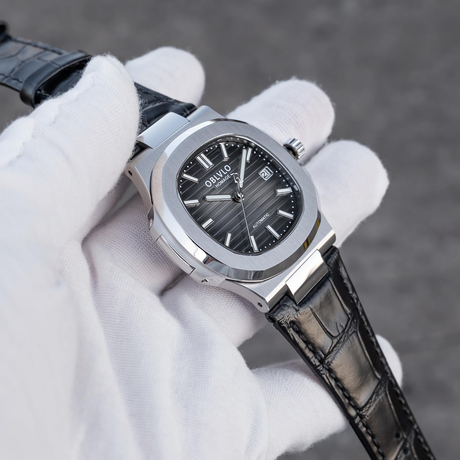 OBLVLO Elegante orologio da uomo automatico quadrato, cassa ultrasottile in acciaio inox da 8,5 mm, cinturino in pelle nera, display della data, Miyota 9015, FM-AT