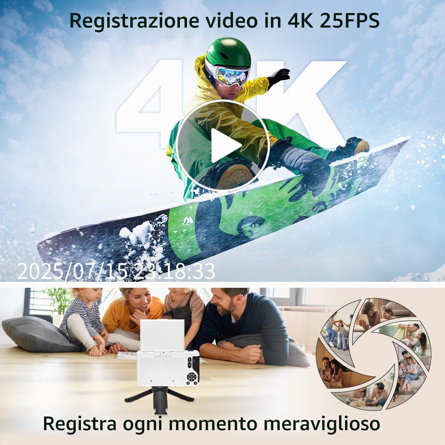 ARNSSIEN Fotocamera Digitale 4K Compatta 2,8" Flip 180°Macchina Fotografica | Zoom 16X, batteria integrata 1500mAh, design compatto e portatile, ideale per viaggi e principianti, facile da usare,Y1