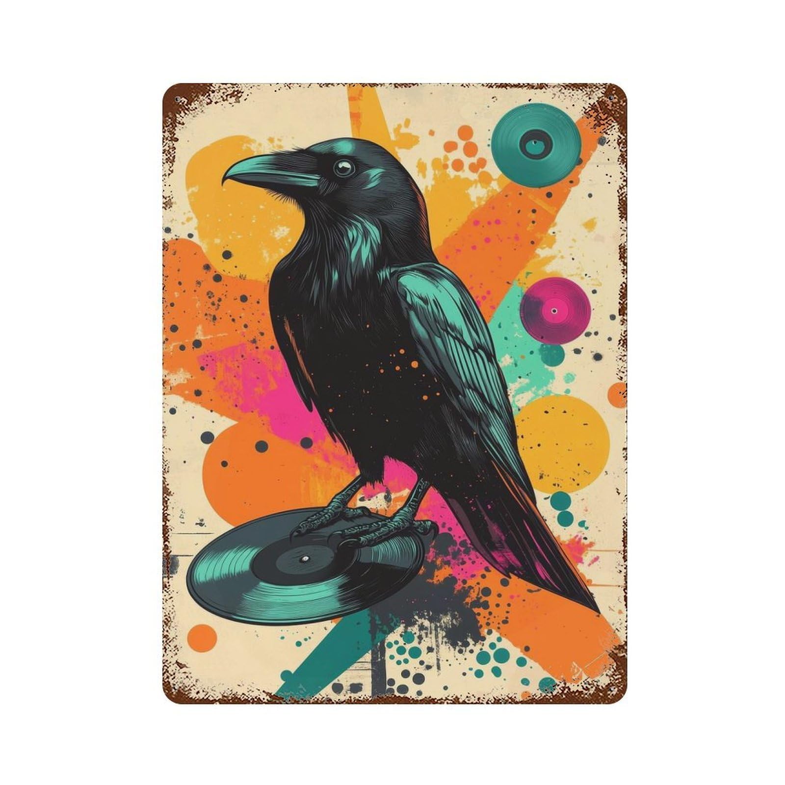 Aged Metal Wall Plaque with Raven on Vinyl Record Pop Art Design 15.7"x11.8", for Farmhouse, Kitchen And Entryway Decor, Old School Wall Decor