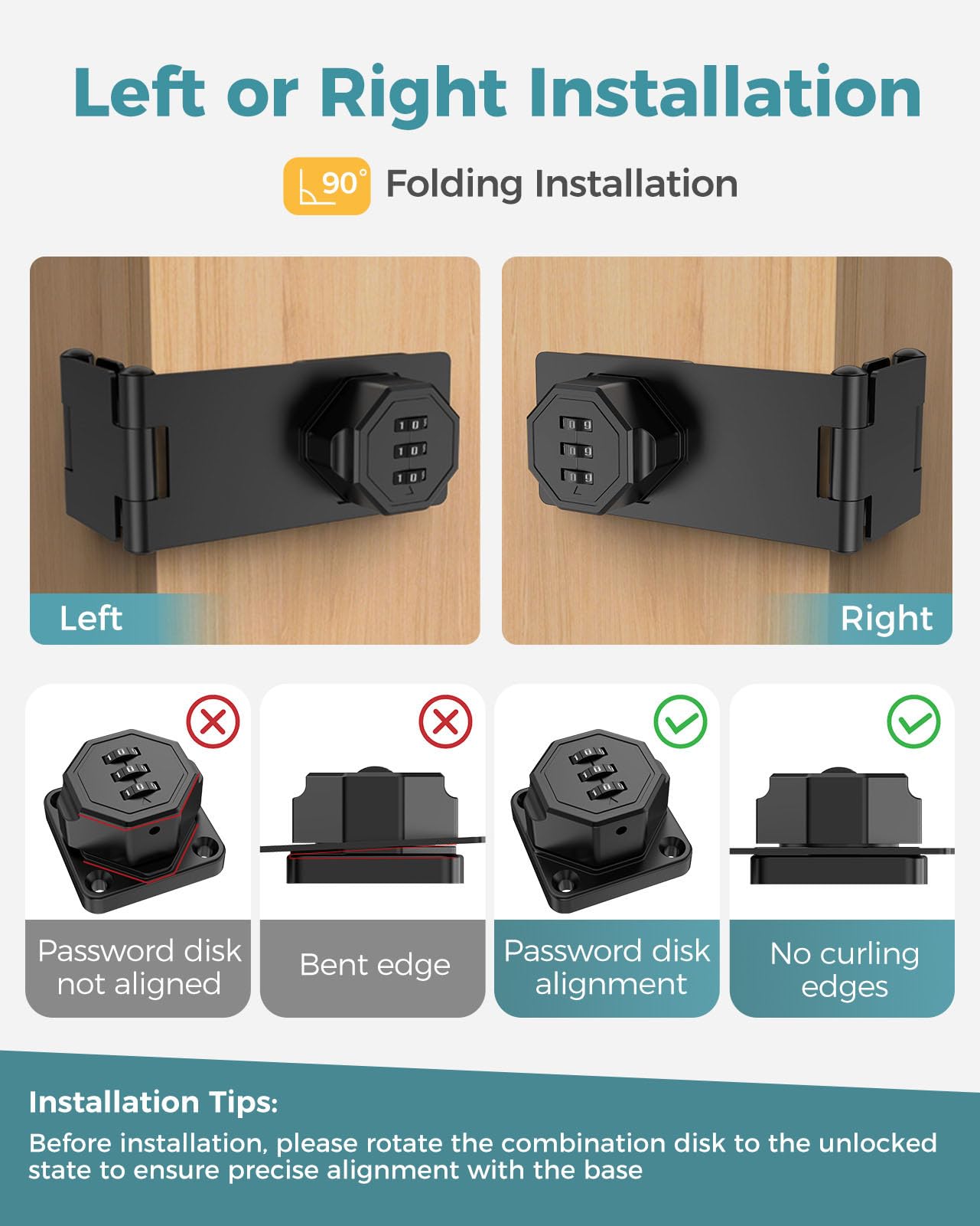 MeBantoo 90 Degree Cabinet Combination Door Lock Latch, Zinc Alloy Password Rotary Hasp Lock - Image 3