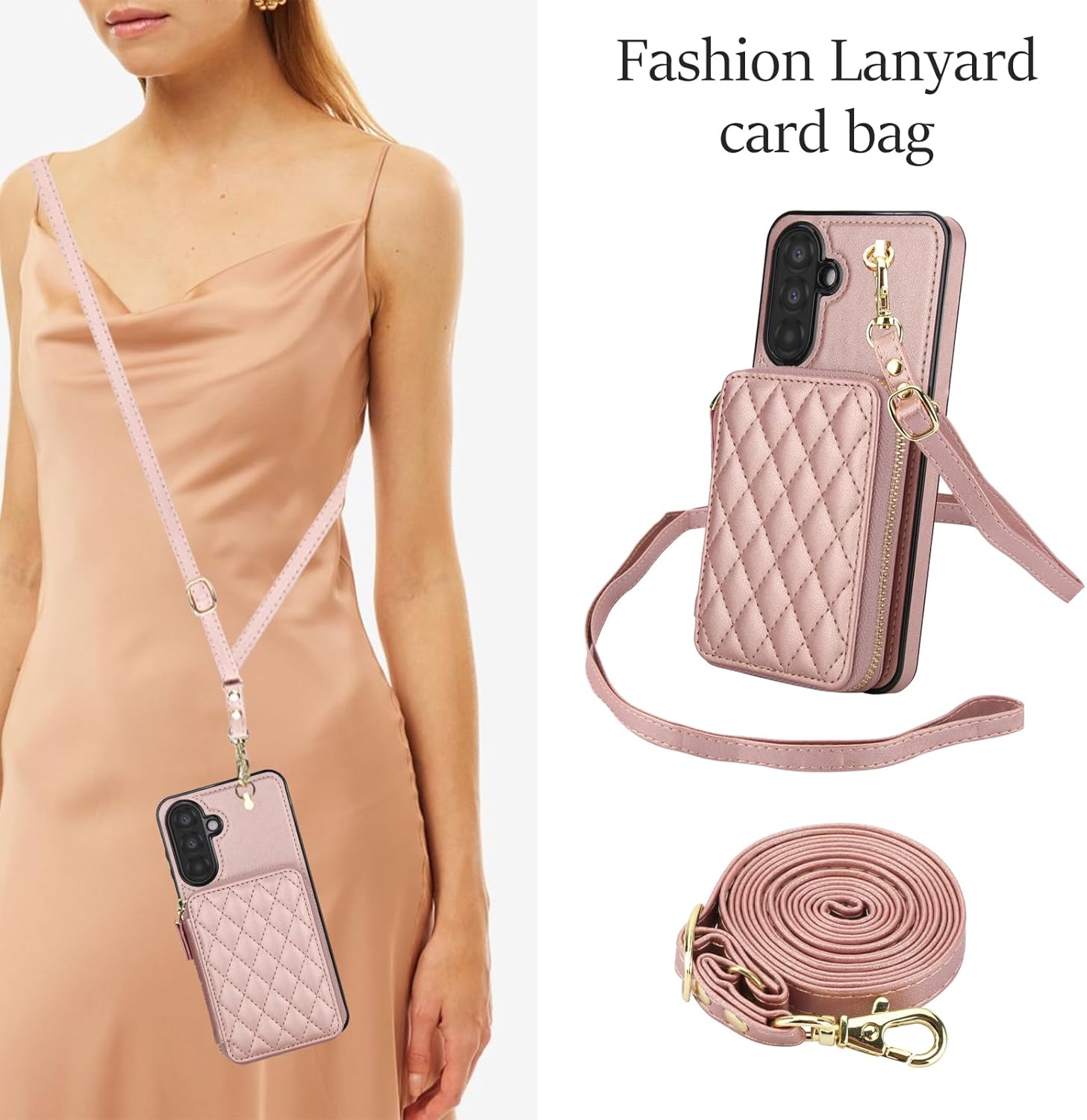 Phone Case for Samsung Galaxy A56 5G Wallet Cell Cover with Tempered Glass Screen Protector Wrist Crossbody Strap Stand RFID Blocking Credit Card Holder Slot A 56 56A LTE Women Men Girls Rose Gold