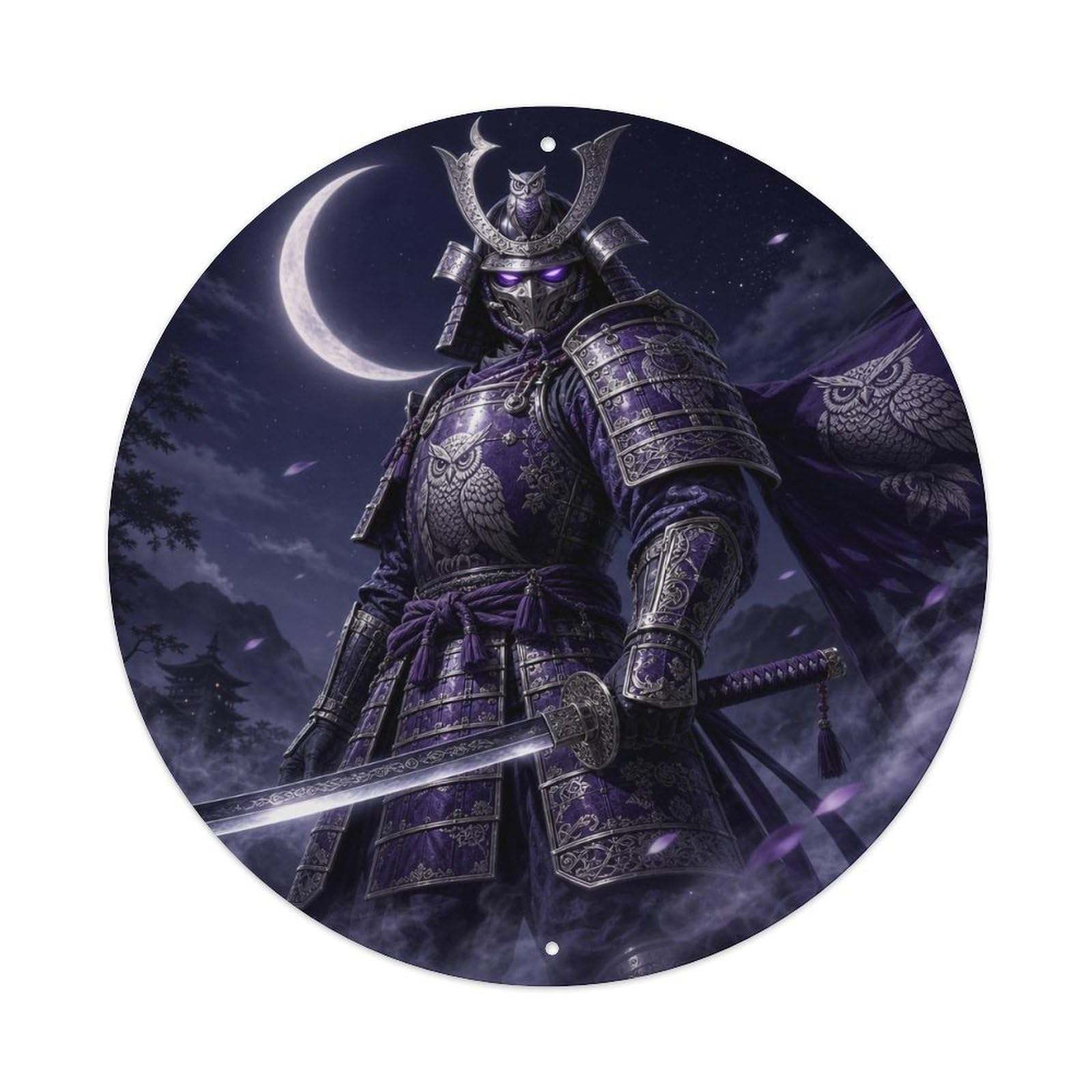 Samurai Warrior Armor Silver Moon Night Watch Vintage Metal Tin Sign Plaque Wall Decor for Cafe, Club Bar, Office, Garden Metal Poster 8x8Inch