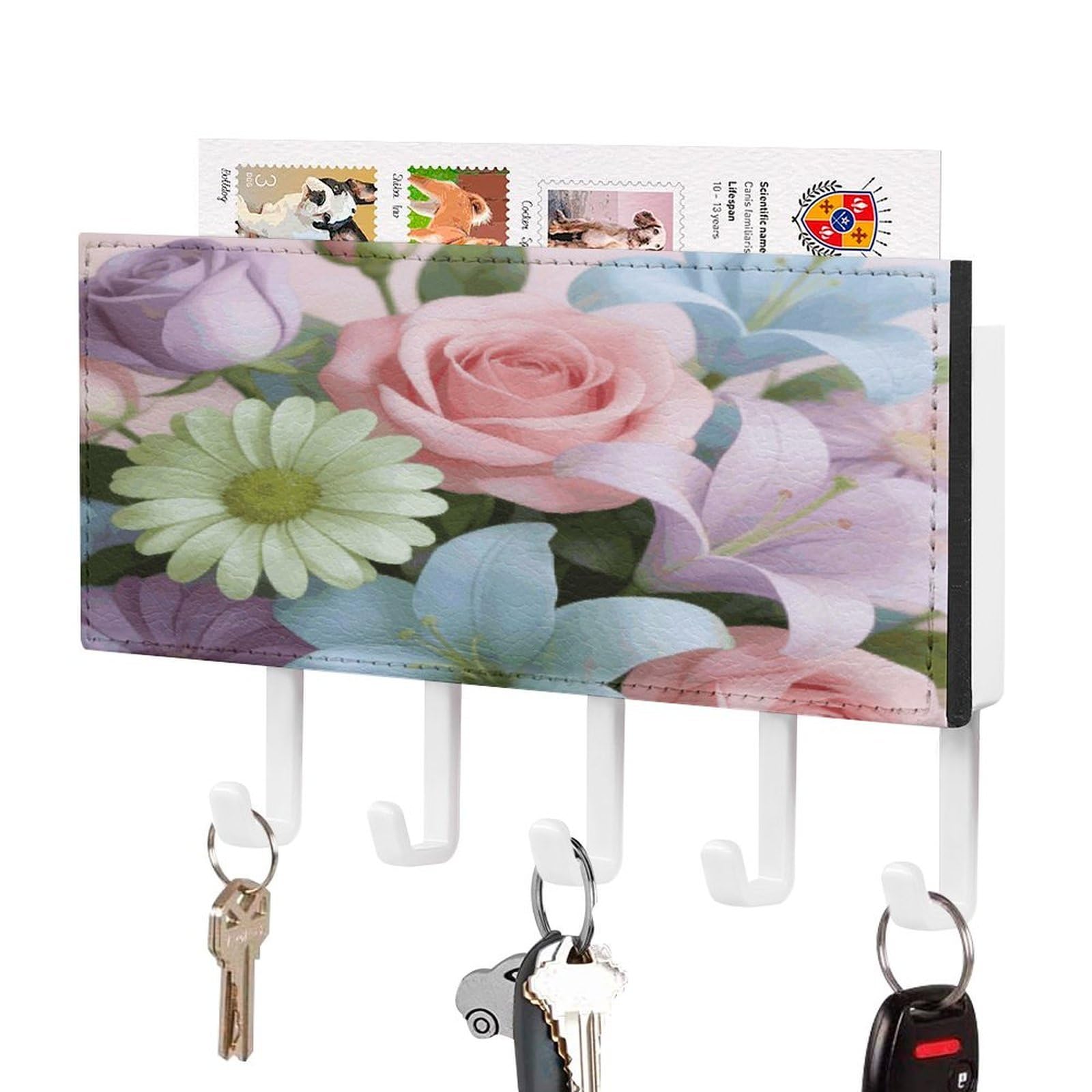 Soporte para llaves de pared con 5 ganchos y estante decorativo de flores