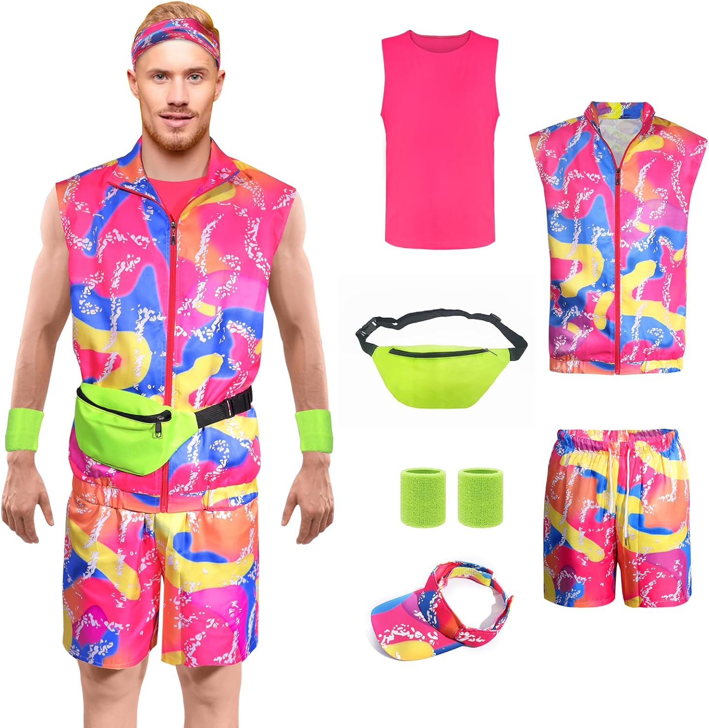 7PCS 80s Workout Costume for Men Halloween Outfits Cosplay 90s Couples Disco Suit Theme Party Cloth Set for Adult Men