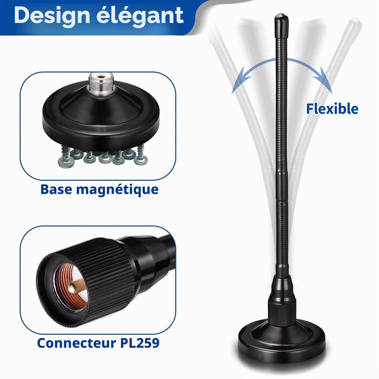 Bingfu Antenne CB Veicolare 27 MHz Fouet Souple Connecteur UHF PL259 et BNC