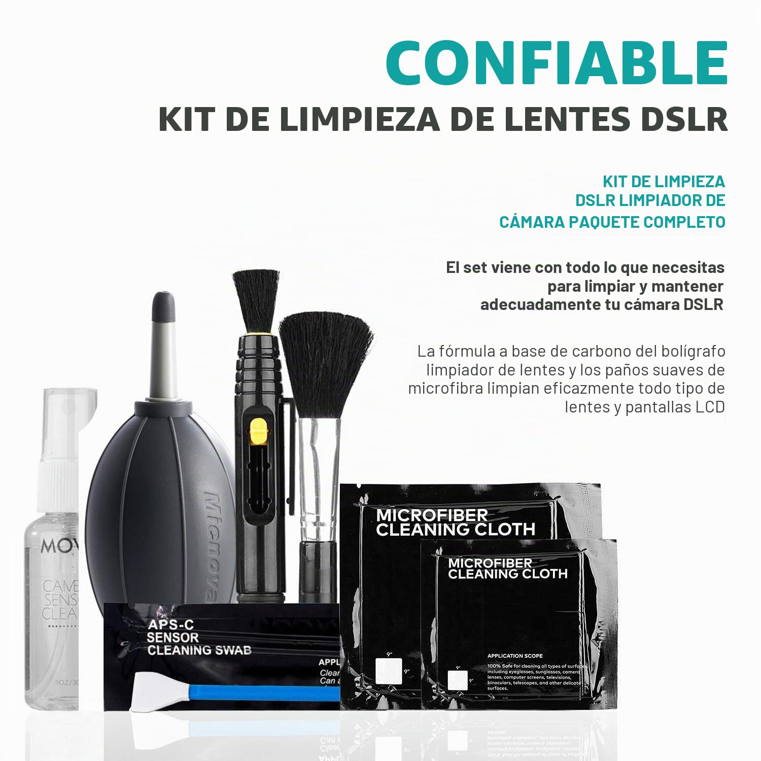 Kit de Limpieza para Cámaras DSLR Movo Deluxe Essentials con 10 Bastoncillos para Sensores APS-C, Líquido Limpiador de Sensores, Pera de Aire Rocket, Lápiz para Lente
