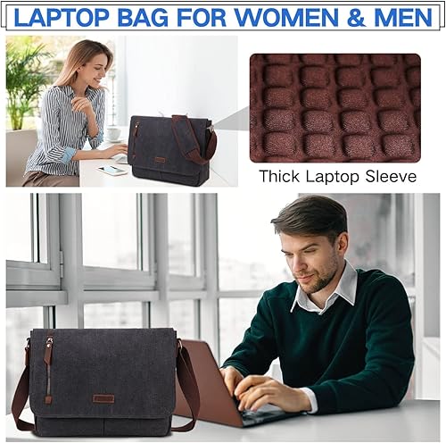 Miniatura 6 de VONXURY - Bolsa de mensajero para hombres y mujeres, lona de cuero de 14 pulgadas para computadora portátil, bolsa de hombro para el trabajo