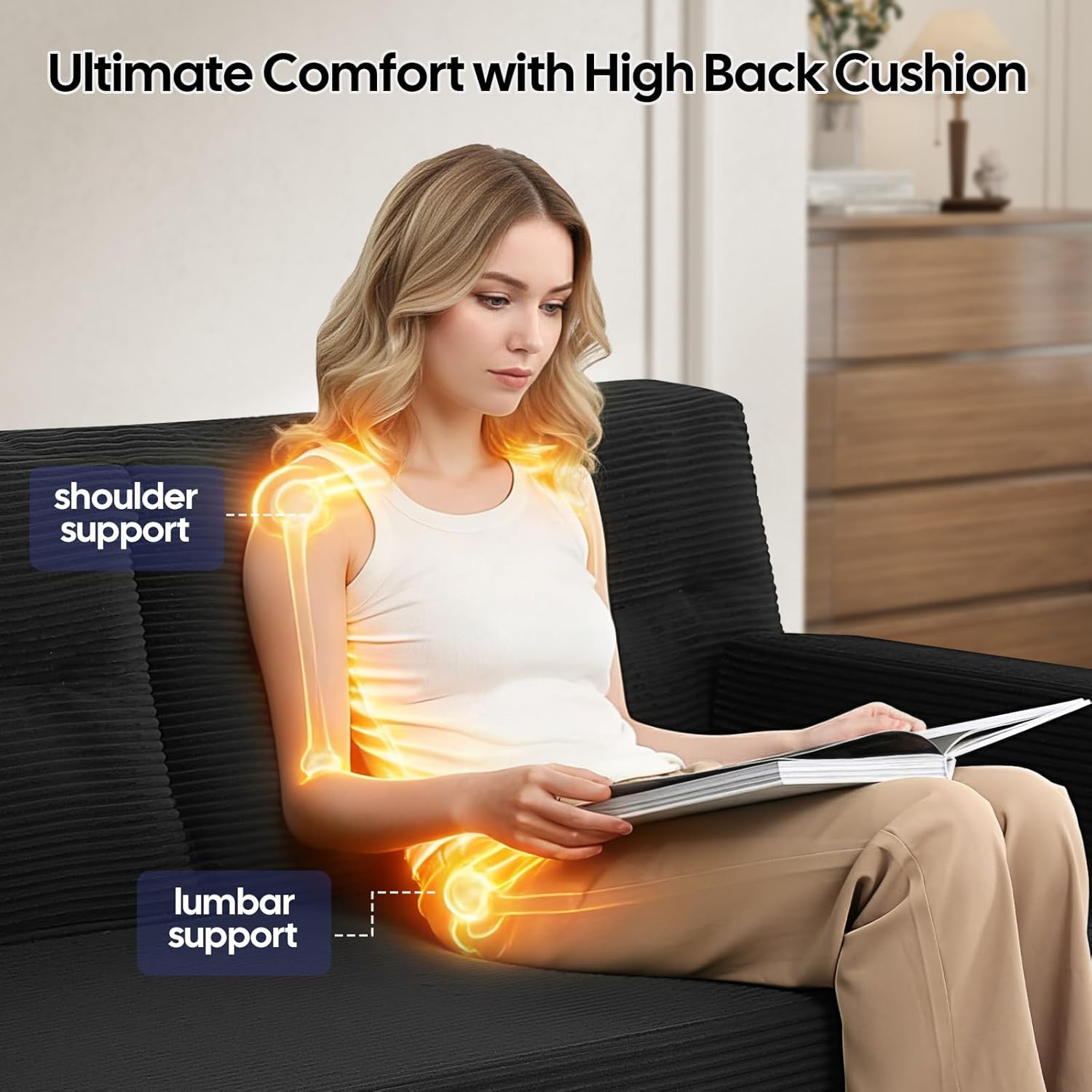 MeMoreCool Pull Out Sofa Bed Boneless Futon, Couch Bed Queen, Black Futon Floor Couch, Convertible Loveseat Sleeper, Compressed Folding Sofa for Living Room Bedroom
