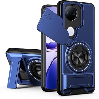 Phone Case for Vivo V50 5G Shockproof Protective Case with Lens Cap 360  Rotating Ring Stand Anti-Fingerprint Case Blue