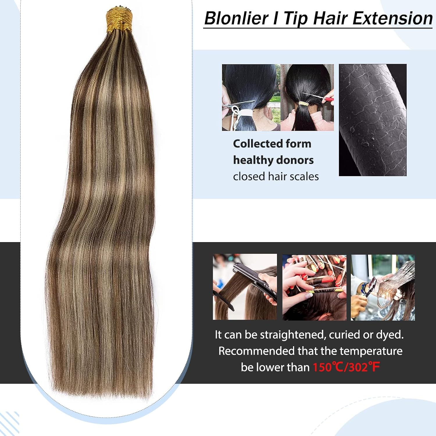 Ombre Blonde I Tip Hair Extensions For Women, 22Inch Straight Long Human Colored 4P27 Microlink Highlight Medium Brown/Dark Keratin Fusion Stick 100Strands/50G