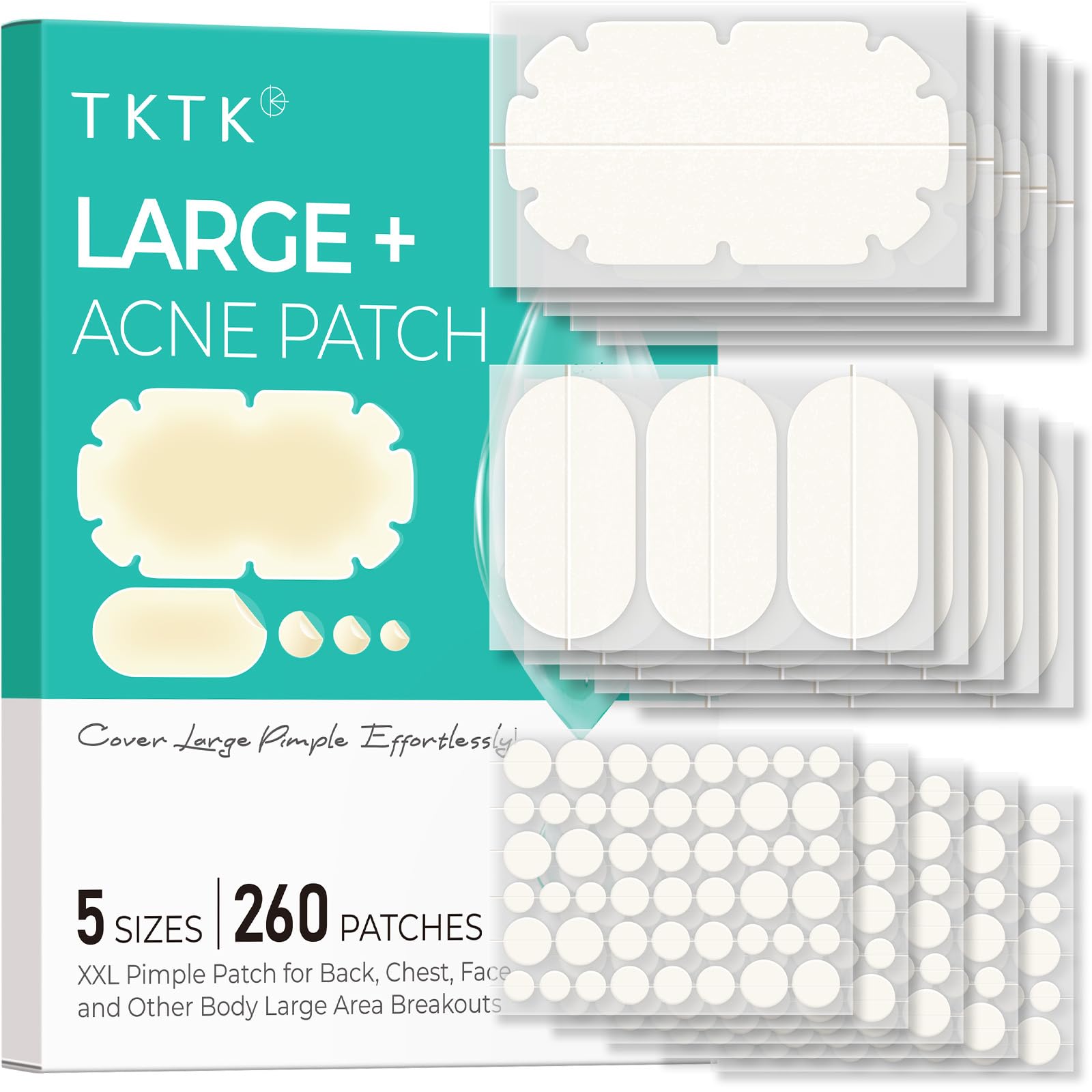 XXL Pimple Patches for Body Large Hydrocolloid Acne Patches 5 Sizes Big Hydrocolloid Bandages for Back Chest Shoulders