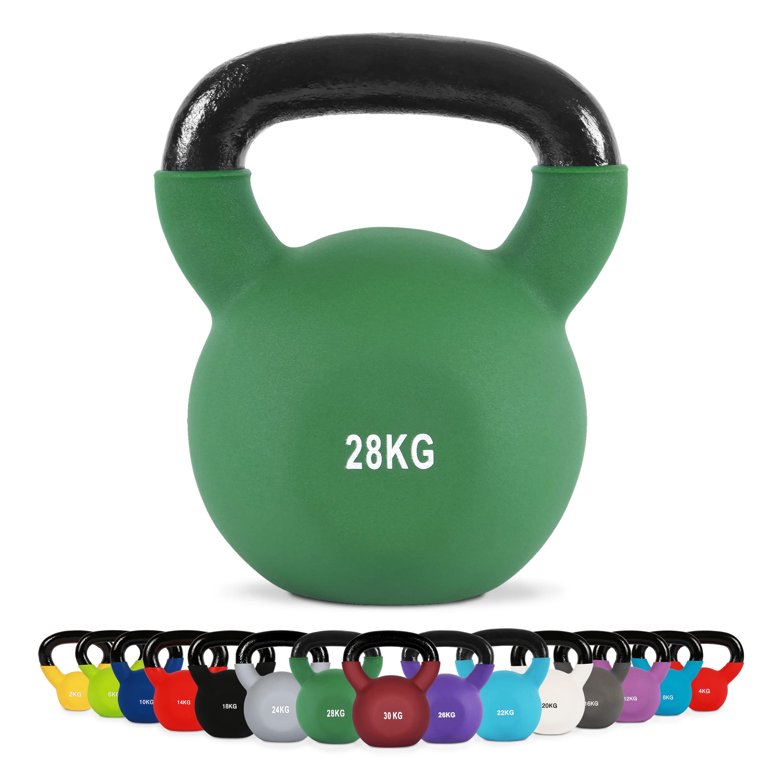 MSPORTS profesjonalne, neoprenowe hantle kettlebell, 2-30 kg, w zestawie Plakat z ćwiczeniami, hantle kettlebell 28 kg - Olivgrün