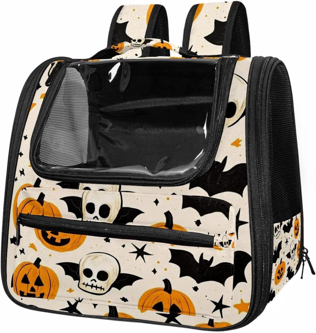 Portable Travel pet Backpack Carrier Hamster Bag Small Dog cat Carrier Breathable Hang Bag, Halloween Skulls Pumpkins Bats