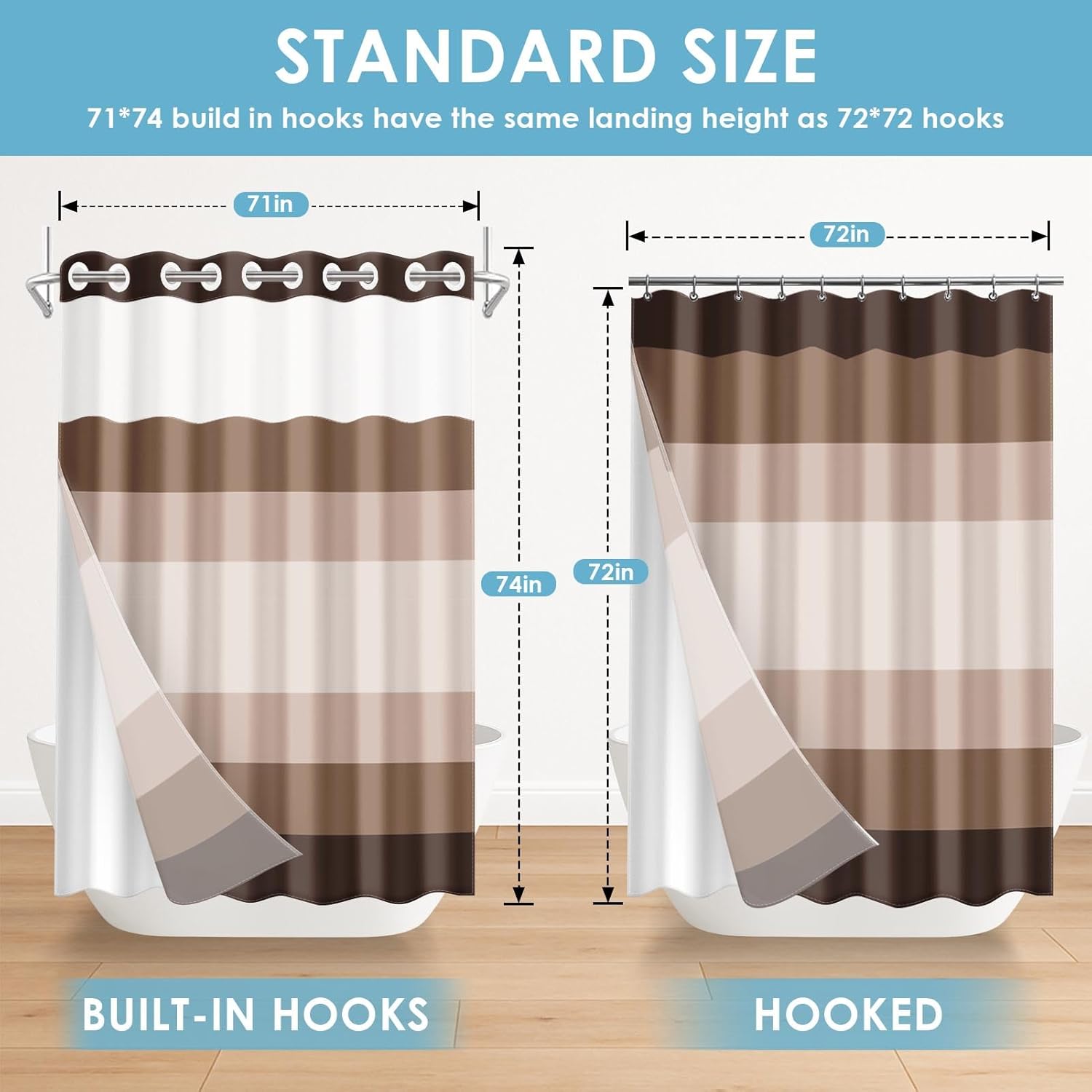 No Hook Brown Ombre Shower Curtain with Snap in Fabric Liner Set, Modern Geometric Double Layers Waterproof Fabric with See Through Top Window Open Grommet Bath Curtain 71x74 Inch