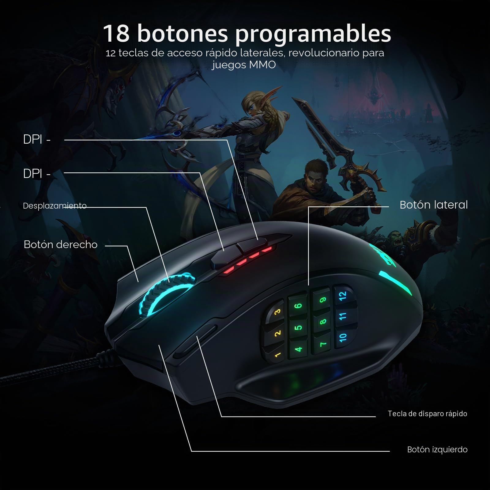 Redragon M908 Impact RGB LED MMO Mouse con Botones Laterales Laser Wired Gaming Mouse con 12.400DPI, Alta precisión, 19 Botones programables de ratón