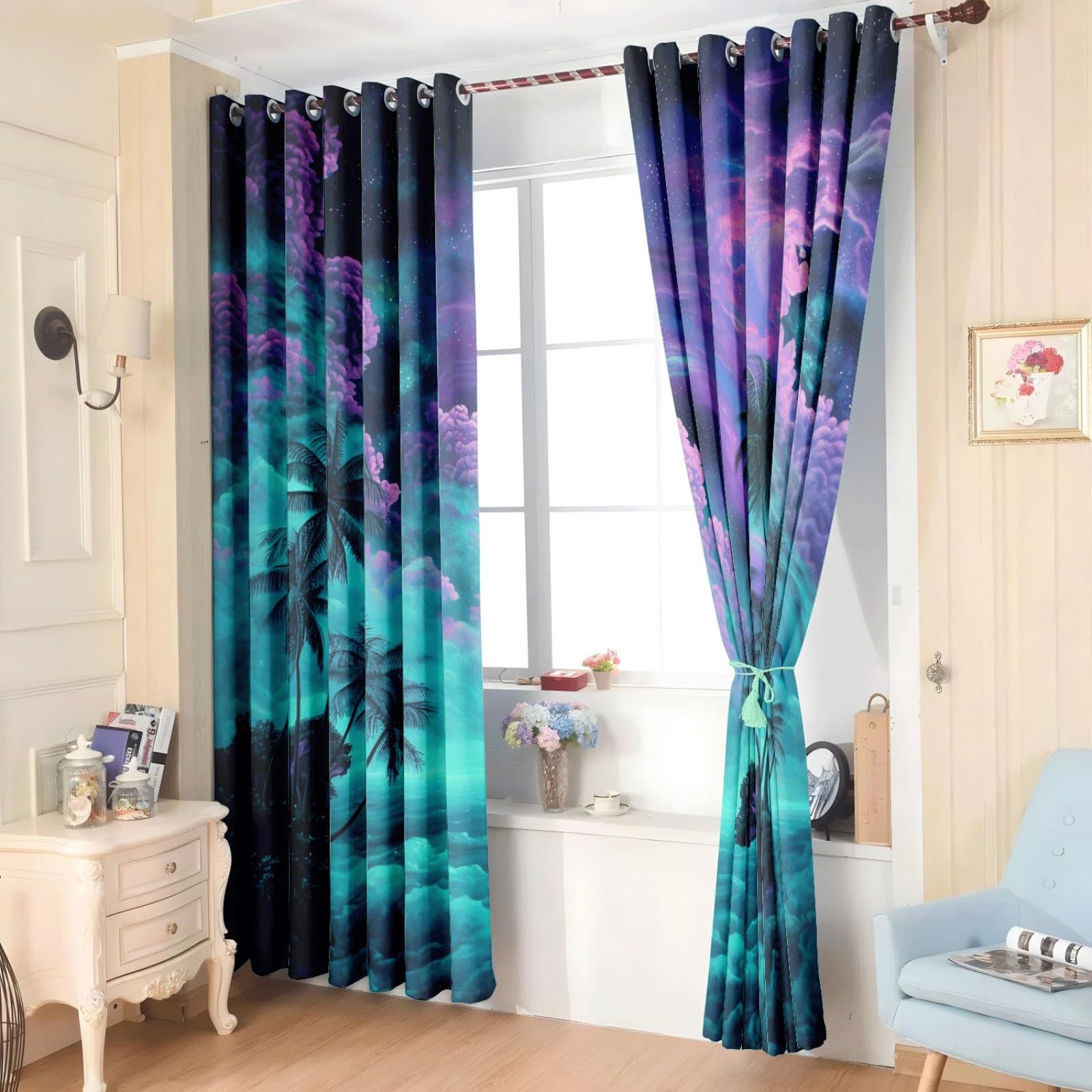 Curtain Schwarz Grün Lila Gardinen Blackout Curtain Polyester Vorhang mit Ösen Waschbar Vorhänge Living Room Verdunklungsvorhänge Schlafzimmer Gardienen Vorhang Blickdicht 2x85x200cm