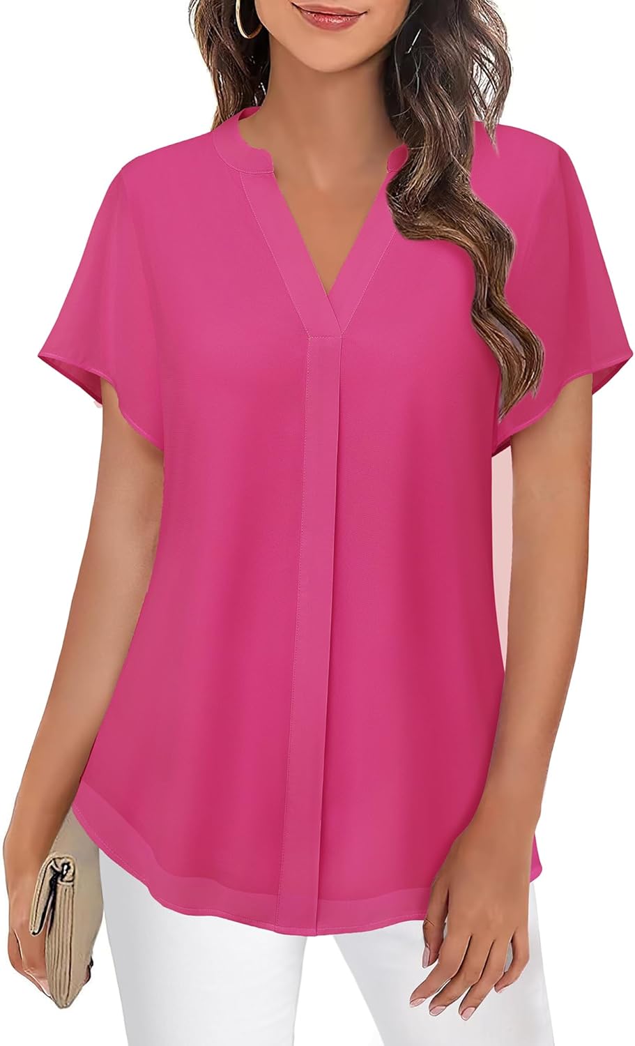 Bebonnie Womens Short Sleeve V Neck Double Layers Chiffon Blouses Dressy Casual Tunic Tops - Image 2
