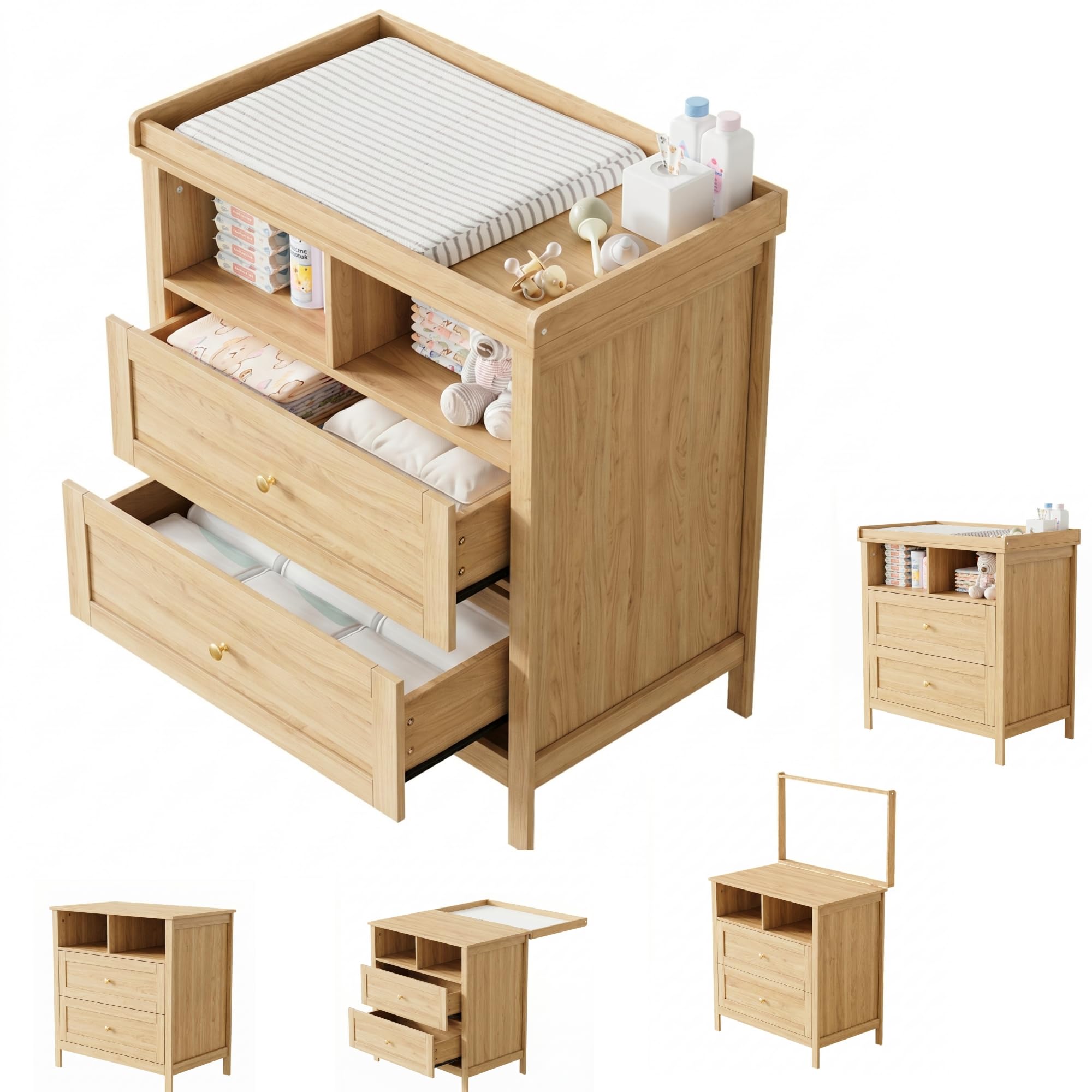 Merax Fasciatoio con fasciatoio multifunzione, fasciatoio per bambini con fasciatoio rimovibile, cassettiera con cassetti e spazio portaoggetti, fasciatoio convertibile, effetto legno, 82 x 50 x 90 cm