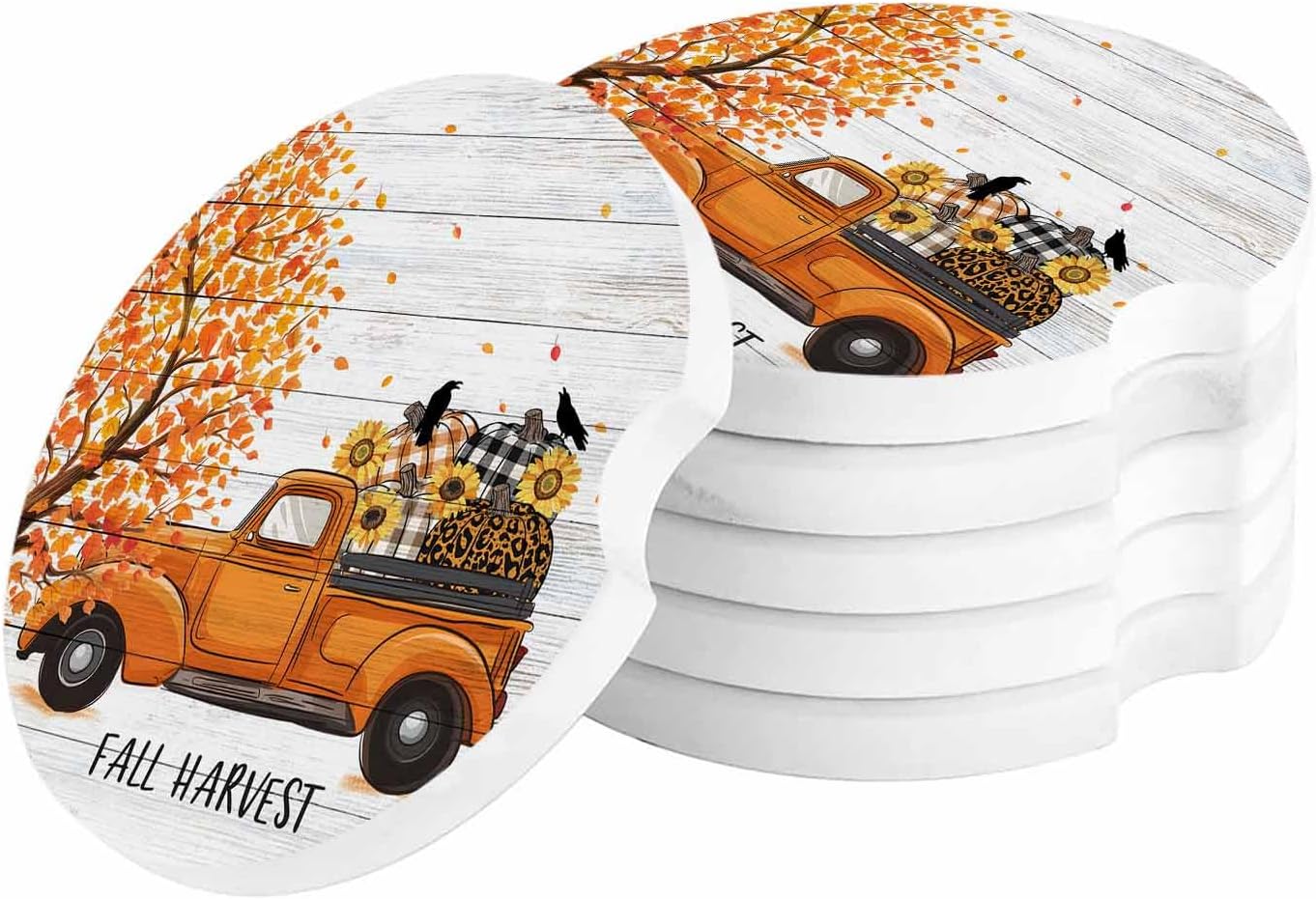 Car Cup Holder Coaster, Seasonal Fall Harvest Thanksgiving Orange Truck Autumn Leaf Pumpkin Car Coasters, 2 Pack Absorbent Ceramic Stone Car Coasters with Fingertip, Car Accessories for Women Men image 2