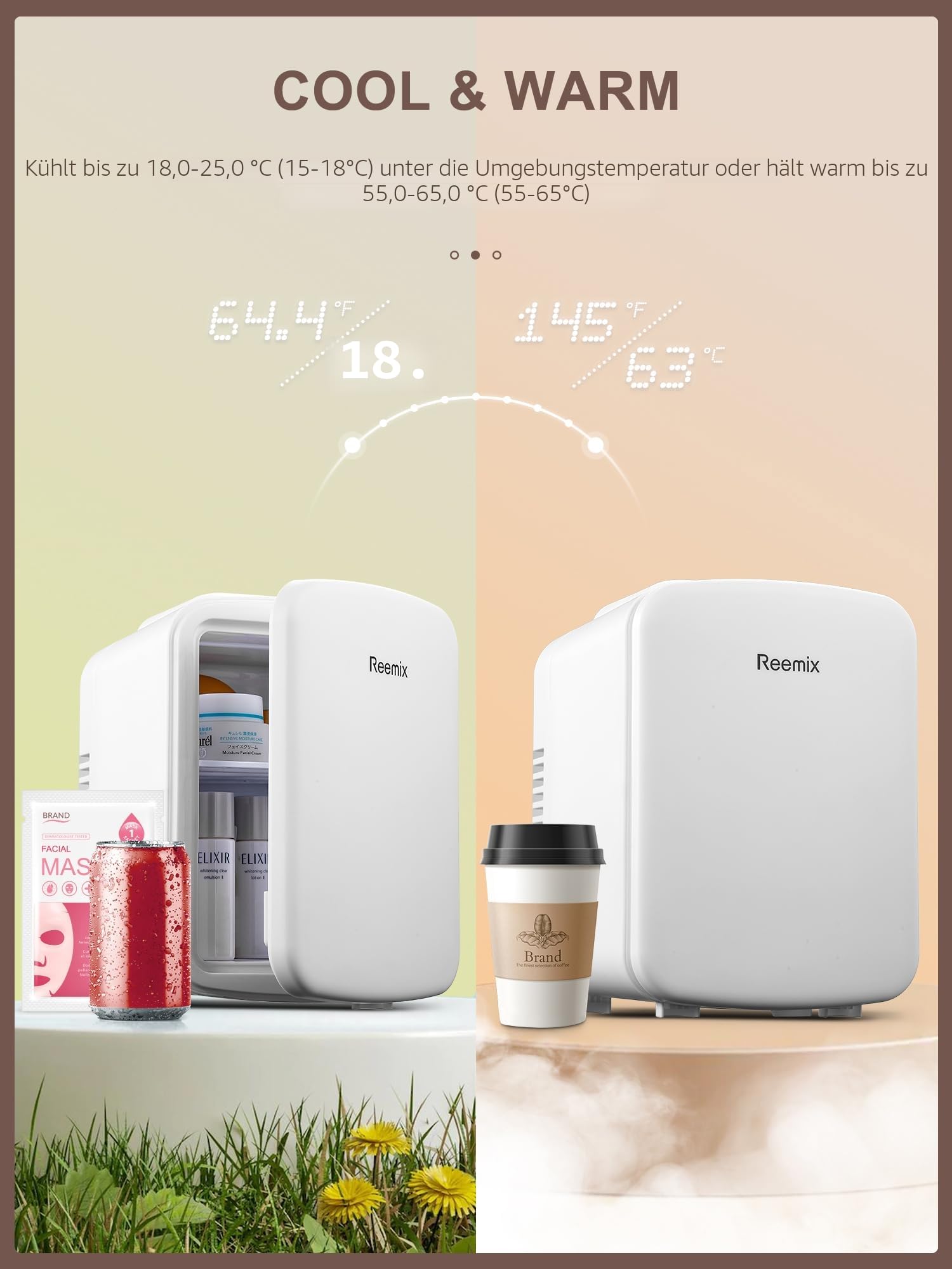 Reemix Mini-Kühlschrank, 4 Liter/6 Dosen, tragbarer Kühler und Wärmer persönlicher Kühlschrank für Hautpflege, Kosmetik, Getränke, Lebensmittel, ideal für Schlafzimmer, Büro, Auto (Weiß)