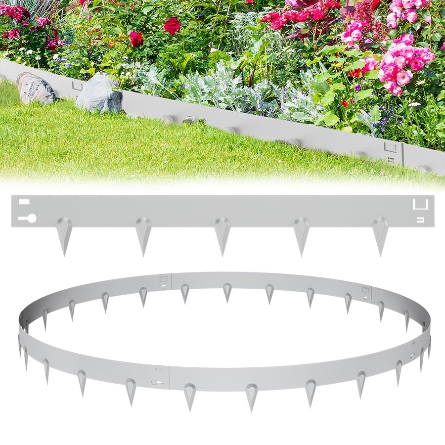 Aufun 10 Stück Rasenkante verzinkt Metall, 10.6 M Flexible Beeteinfassung Mähkant Palisade Gartenbeet mit Dornen, Beetumrandung für Hof Garten Bauernhof verwendet Werden, Silber (106cmL x 16 cmH)