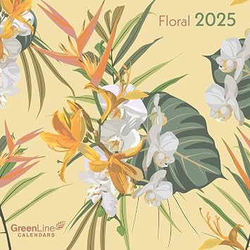 GreenLine Floral 2025 Brochure Calendar, 30 x 30 cm, Wall Calendar with High-Quality Paper, Space for Notes, International Holidays and Decorative Cord