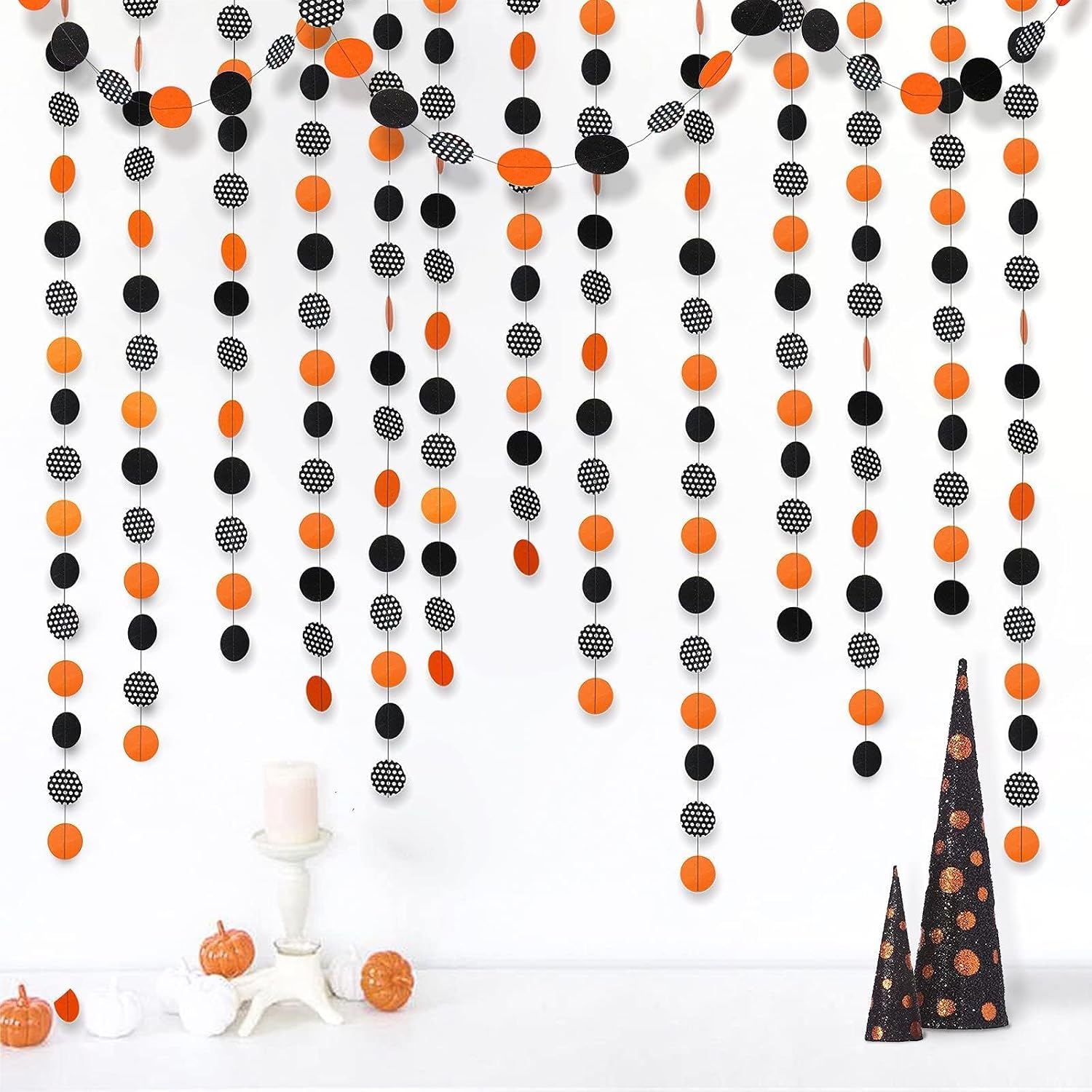 Cheerland Orange Halloween Garland Halloween Party Decorations Polka Dot Circle Streamers Banner Cute Spooky Birthday Party Themed Decor Kids Adult Fall Orange and Black Office Classroom Backdrop 52Ft