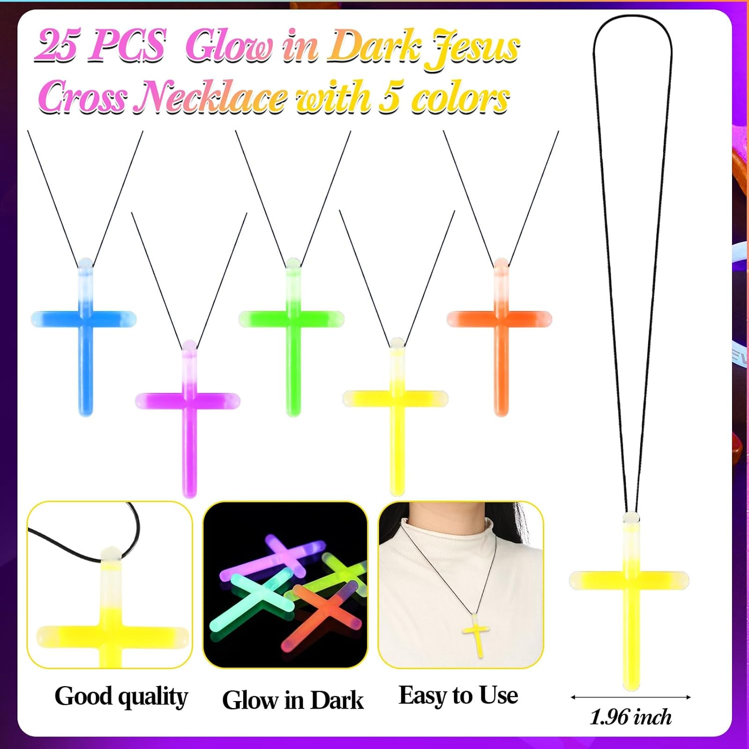 100 Pcs Glow in Dark Christian Religious Jesus Gifts Sets Let Your Light Shine Silicone Bracelets Bible Verse Cards Crystal Cross Necklace Bags for Baptism Party Trunk Easter Stuffed Gifts - Image 3