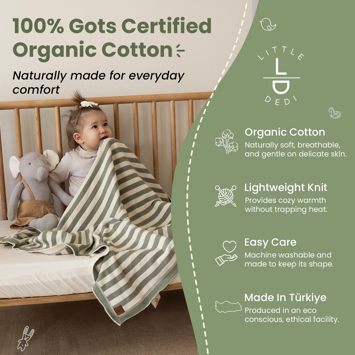 Amelia Organic Cotton Baby Blanket 30x40 in, Earth Ivory – GOTS Certified, Soft Knit for Crib & Stroller, Breathable Swaddle for Newborns, Machine Washable