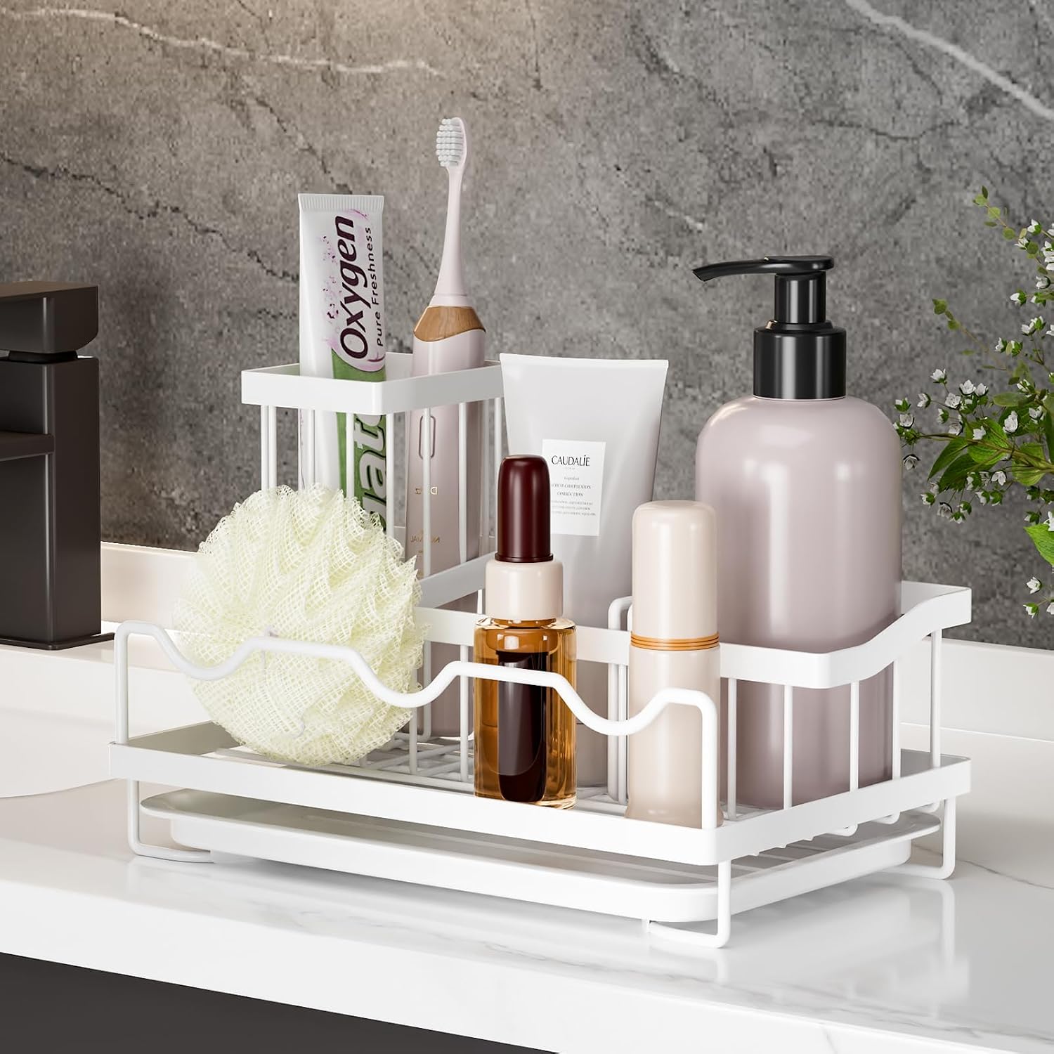 Multi functional kitchen storage rack, countertop style seasoning storage rack, household sink, drain tool, cloth rack.Modern Bathroom Counter Organizer with Drainage Tray (white)