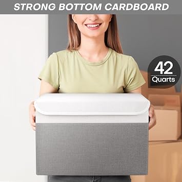 Bagnizer Large 17 42 Quarts Collapsible Stackable Storage Bins with Lids [3-Pack] Foldable Fabric Linen Storage Boxes Cube, Closet Organizer Baskets with Label (16.7 x 12 x 12, Gray & White)