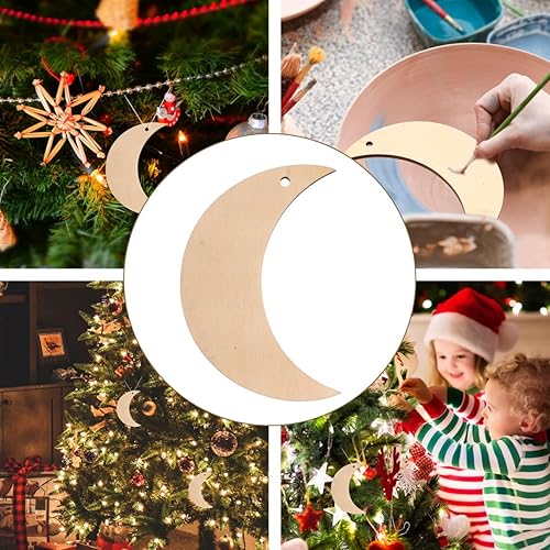 Miniatura 6 de 20 adornos colgantes de madera en forma de luna de 2.8 in, rebanadas de madera sin terminar para manualidades de bricolaje, decoración del hogar,