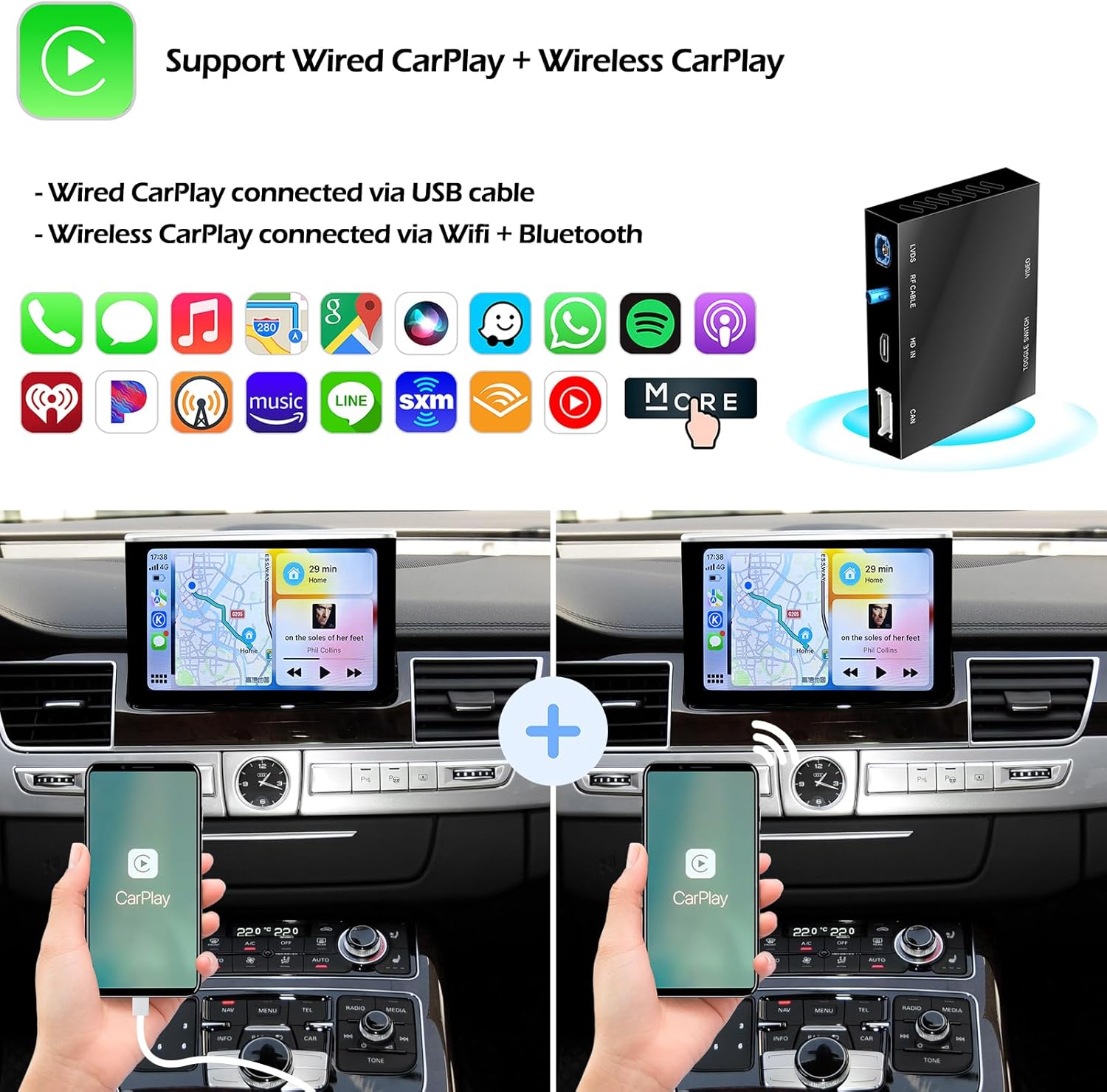 Wireless CarPlay + Android Auto + Mirroring Retrofit Decoder Box Kit, USB Stick Playback, Compatible with Audi A8 S8 RS8 from 2012-2018