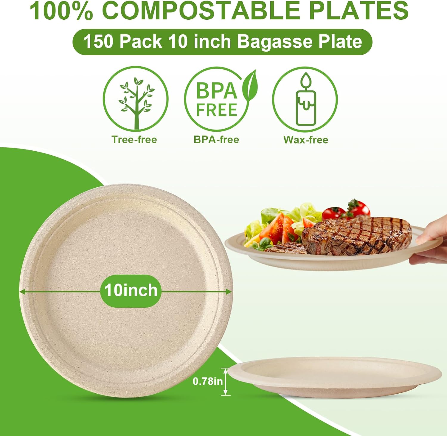 10 Inch Compostable Disposable Paper Plates, 150 Pack Heavy Duty Paper Plates, Made Of Eco-Friendly, Natural Sugarcane Bagasse