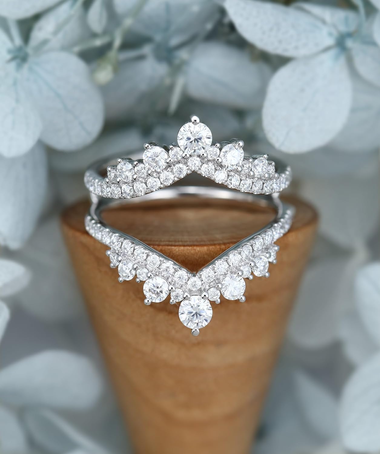 Moissanite Double Wedding Band Curved Ring Enhancer Guard 1.00 CTW D VVS1 Vintage Chevron Cluster Crown Ring Jacket for Solitaire 10K 14K Solid Gold 925 Sterling Silver
